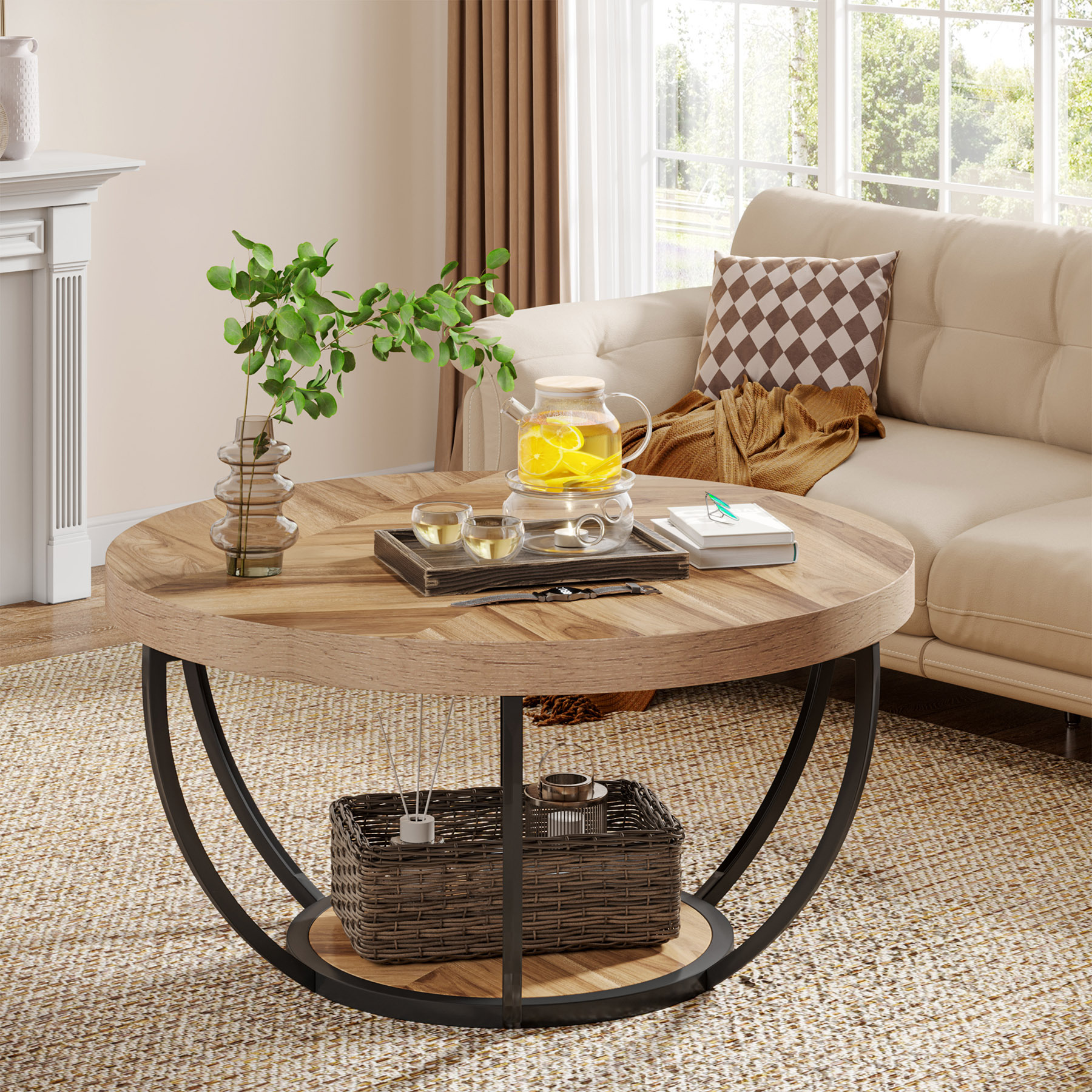 31.7" Round Industrial Coffee Table With 2-tier Storage Shelves, Modern Wood & Black Metal Accent Center Table For Living Room, Home Office – Easy Assembly