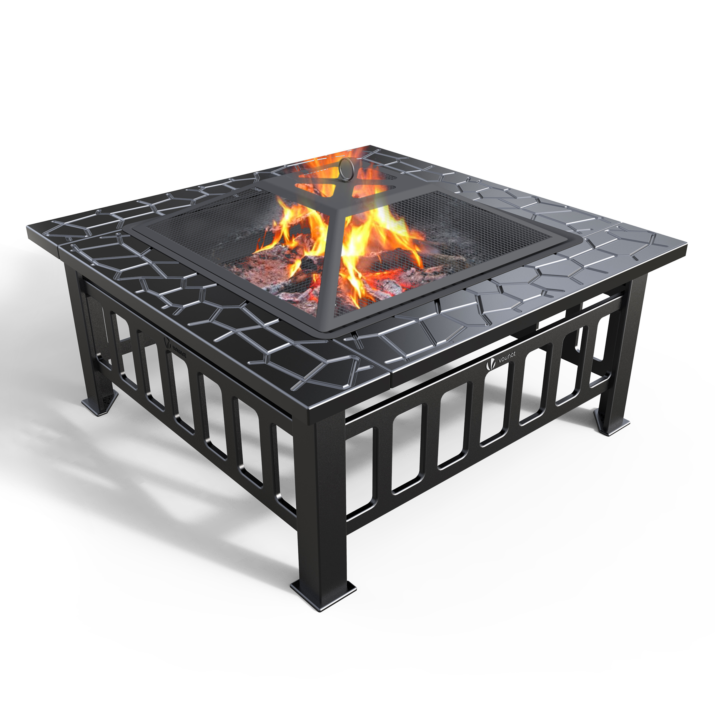 TEMU Outdoor Square Fire Pit 81x81x45cm With Grill Tongs And Mesh Lid - 3-in-1 Garden Barbecue Fire Pit With Protective Cover Included --image-61480309395722