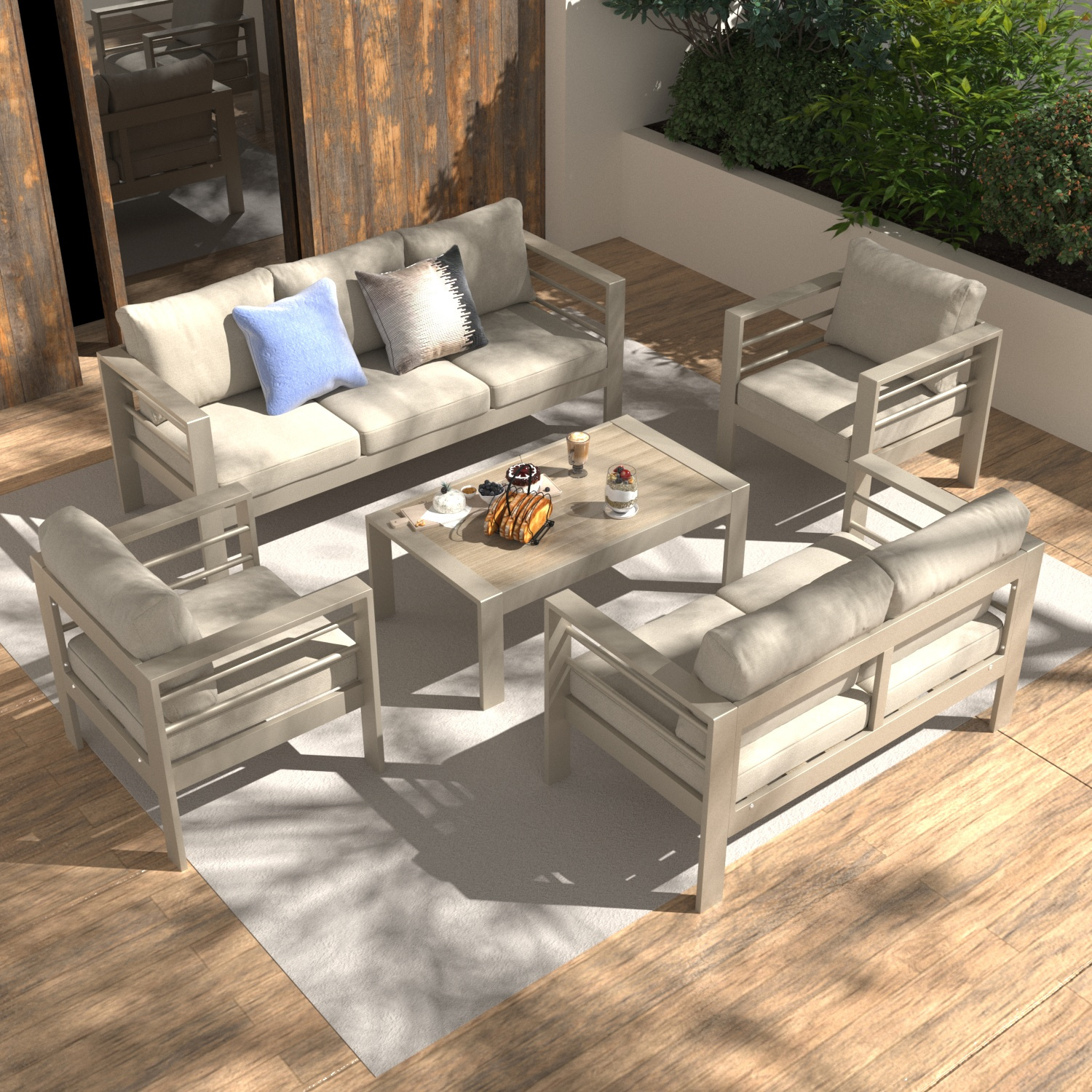Image of 5-piece Garden Lounge Set, Weatherproof Aluminum Outdoor Furniture For 7 People (beige, 12cm Deluxe Seat Cushions, 140kg Load Capacity Per Seat), Xxl Lounge Set With Wpc Tabletop