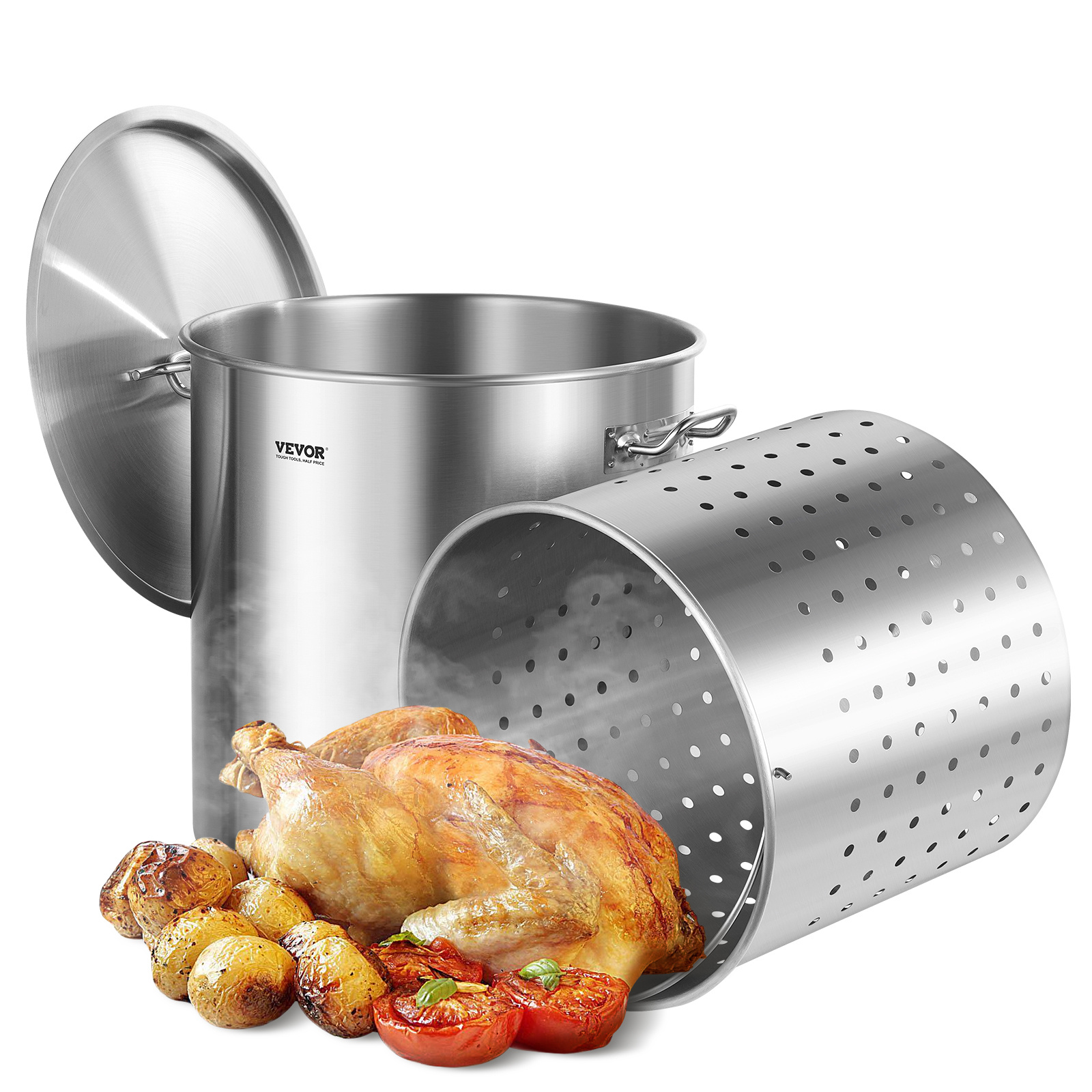 TEMU VEVOR Olla de cocina de acero inoxidable de 84QT con cesta, y asa de mango para cocina de salsas