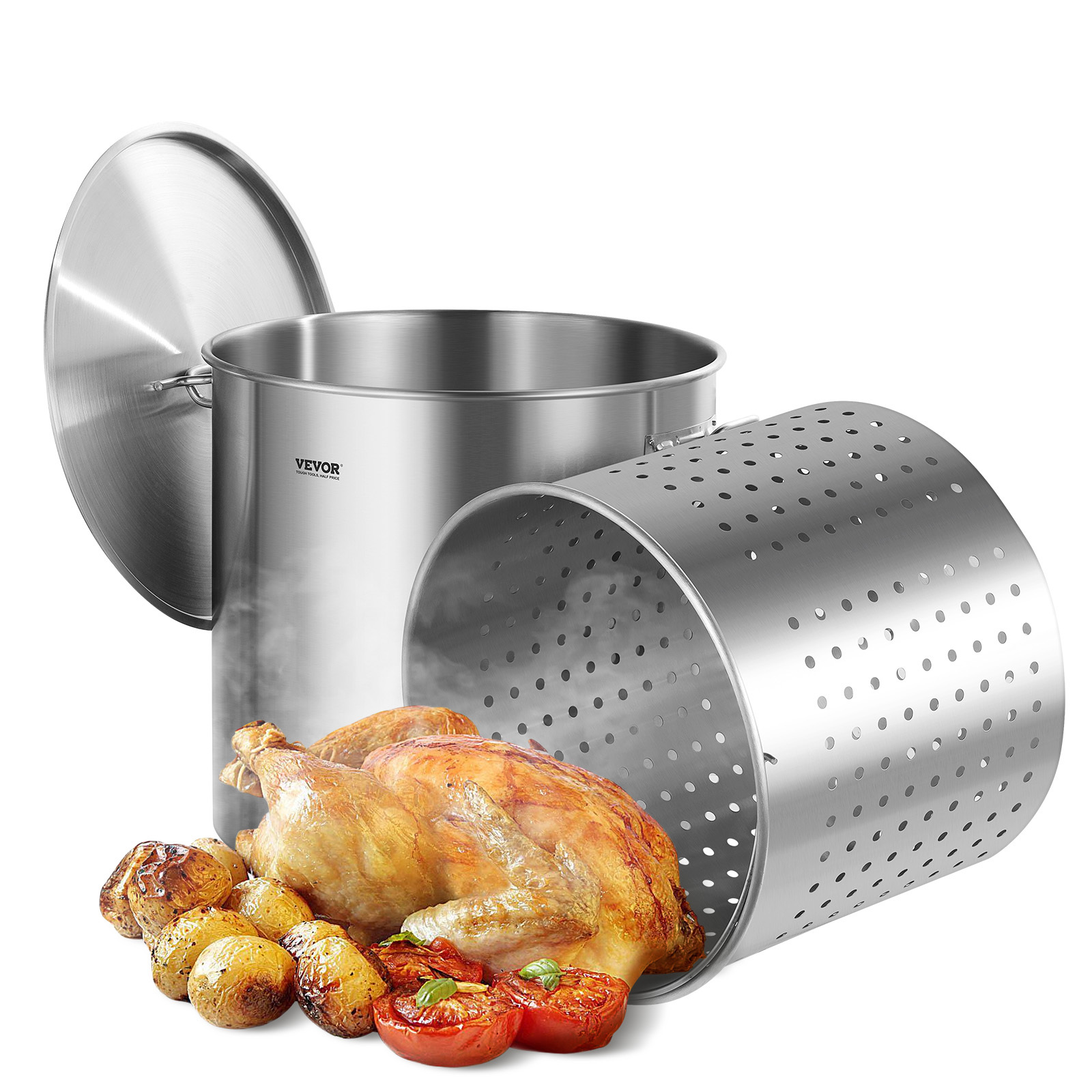 Vevor 100qt Stainless Steel Cooking Kitchen Sauce Pot With Basket Lid Handle