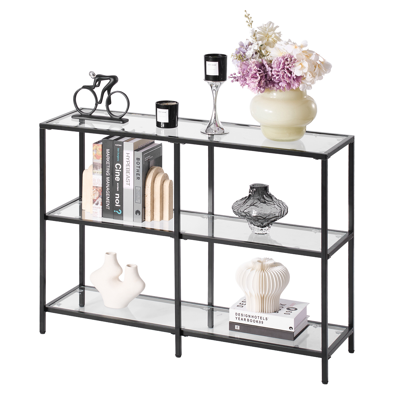 Image of Vevor 3-tier Glass Console Table Rectangle Sofa Side Table With Anti-tip Black