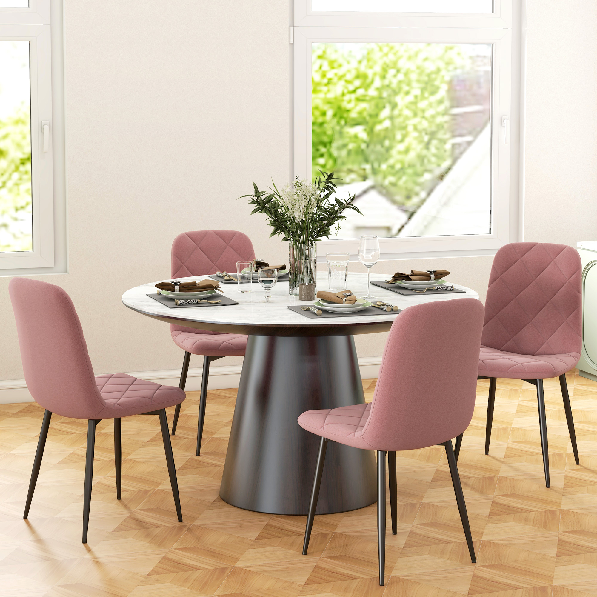 Image of Dining Chairs 4-piece Set, Kitchen Chairs With Backrest, Velvet-look, Modern Upholstered Armchair Chairs With Steel Legs For Dining Room, Dining Table, Pink