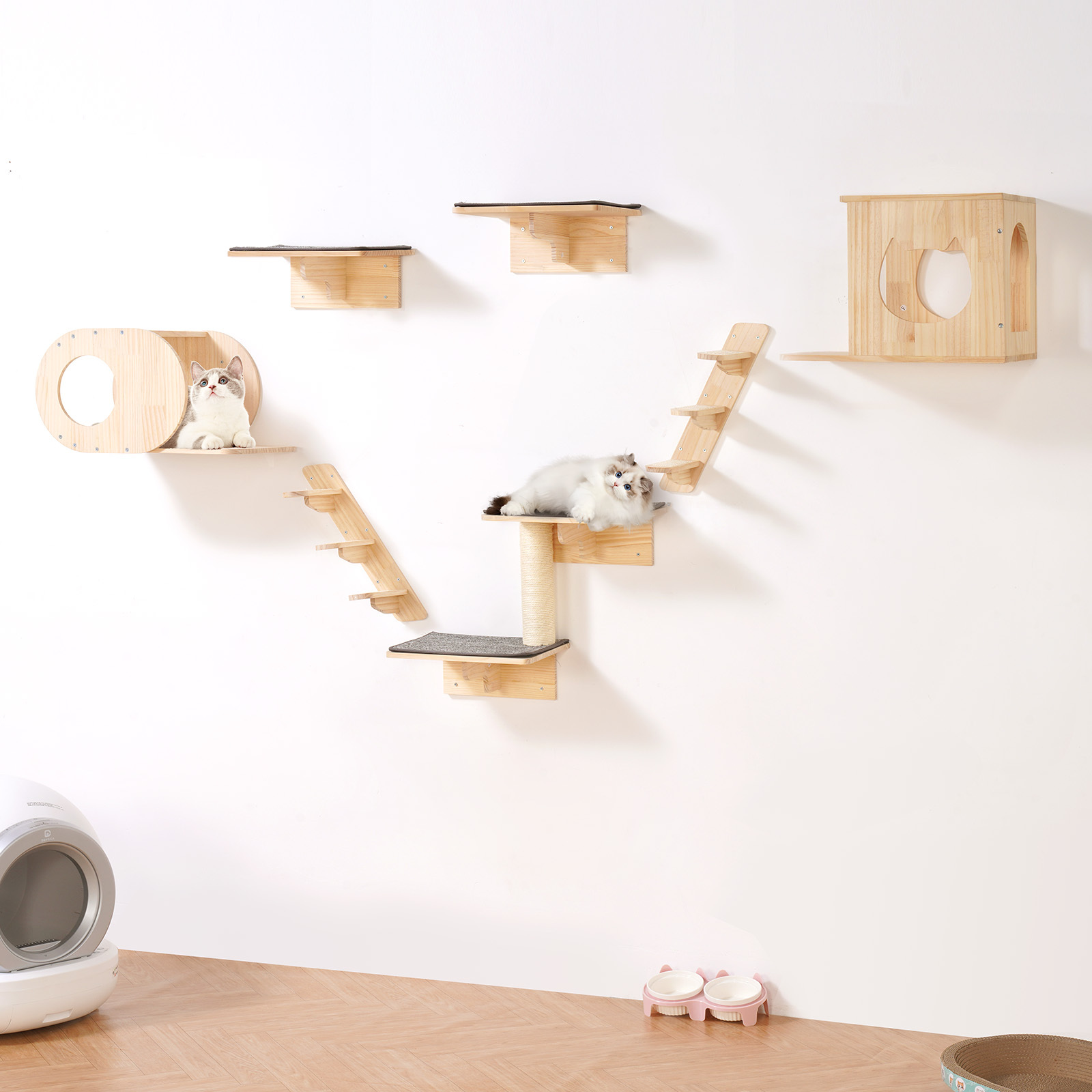 E-shop VEVOR Wandmontierte Katzenregal-Baum mit Sprungbrettern, und Hängematte – Set aus 7 Teilen