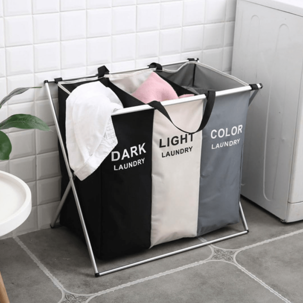 TEMU 1-piece Multi-compartment Laundry Basket, Large Portable Washable Hamper With 3/2/1 Sections, Durable Polyester Fabric, Assorted Colors,