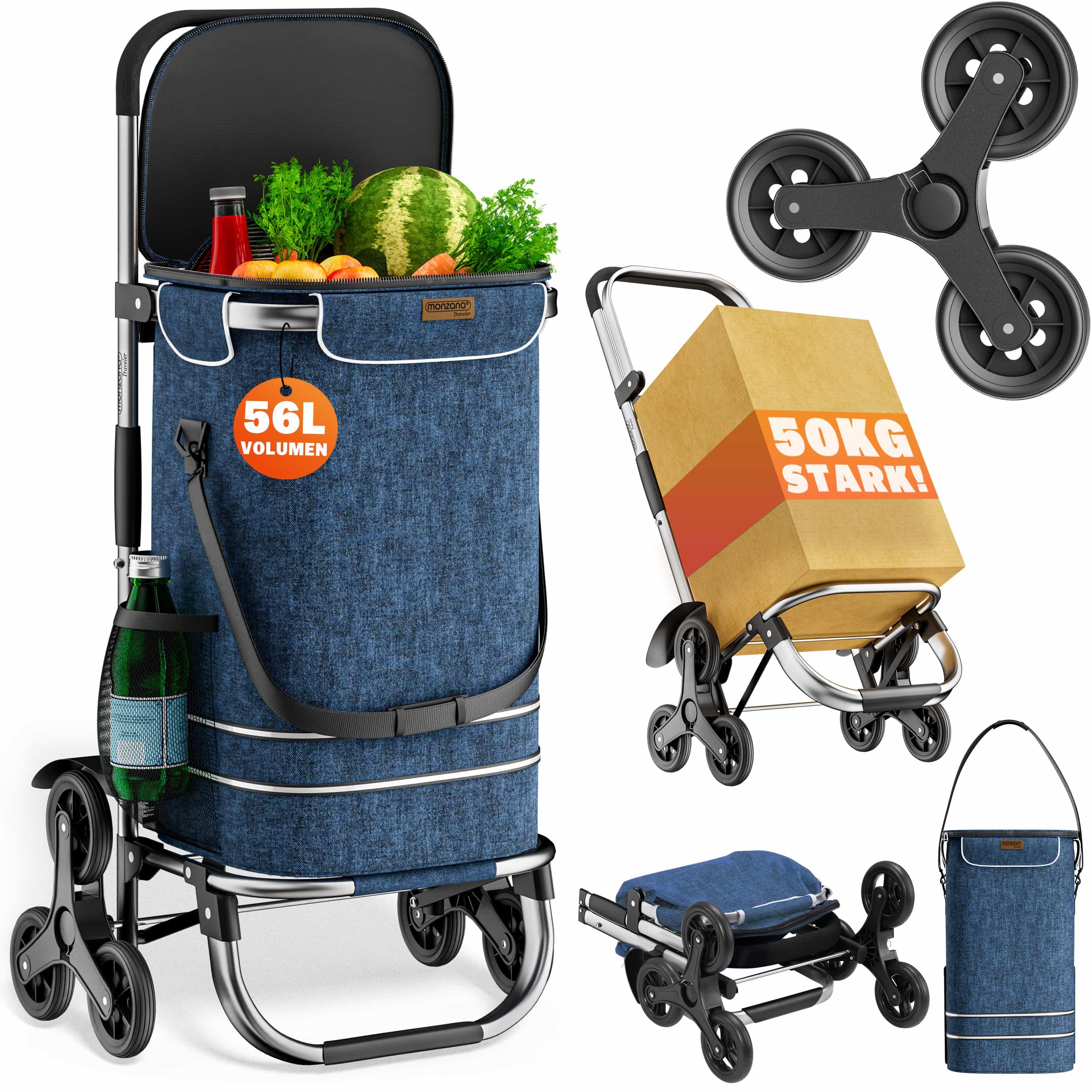 Monzana® 3in1 Shopping Trolley 56l Up To 50 Kg Foldable Detachable Bag 6 Wheels Carrying Strap Stair Climber Shopping Cart Shopping Aid Trolley