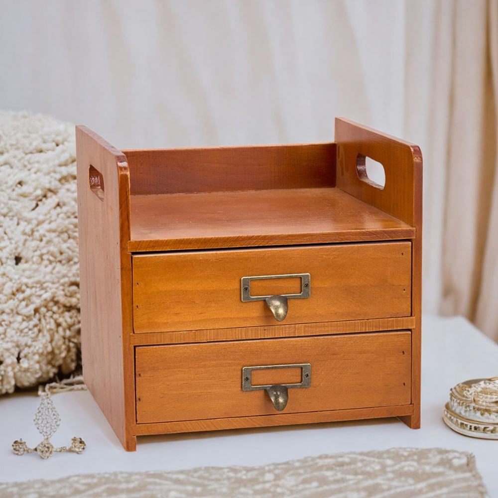 TEMU 1pc Vintage-style Versatile Desktop Organizer - Wooden Storage Box With 2 Drawers | Ideal For Stationery, Sundries, Jewelry & More | Elegant