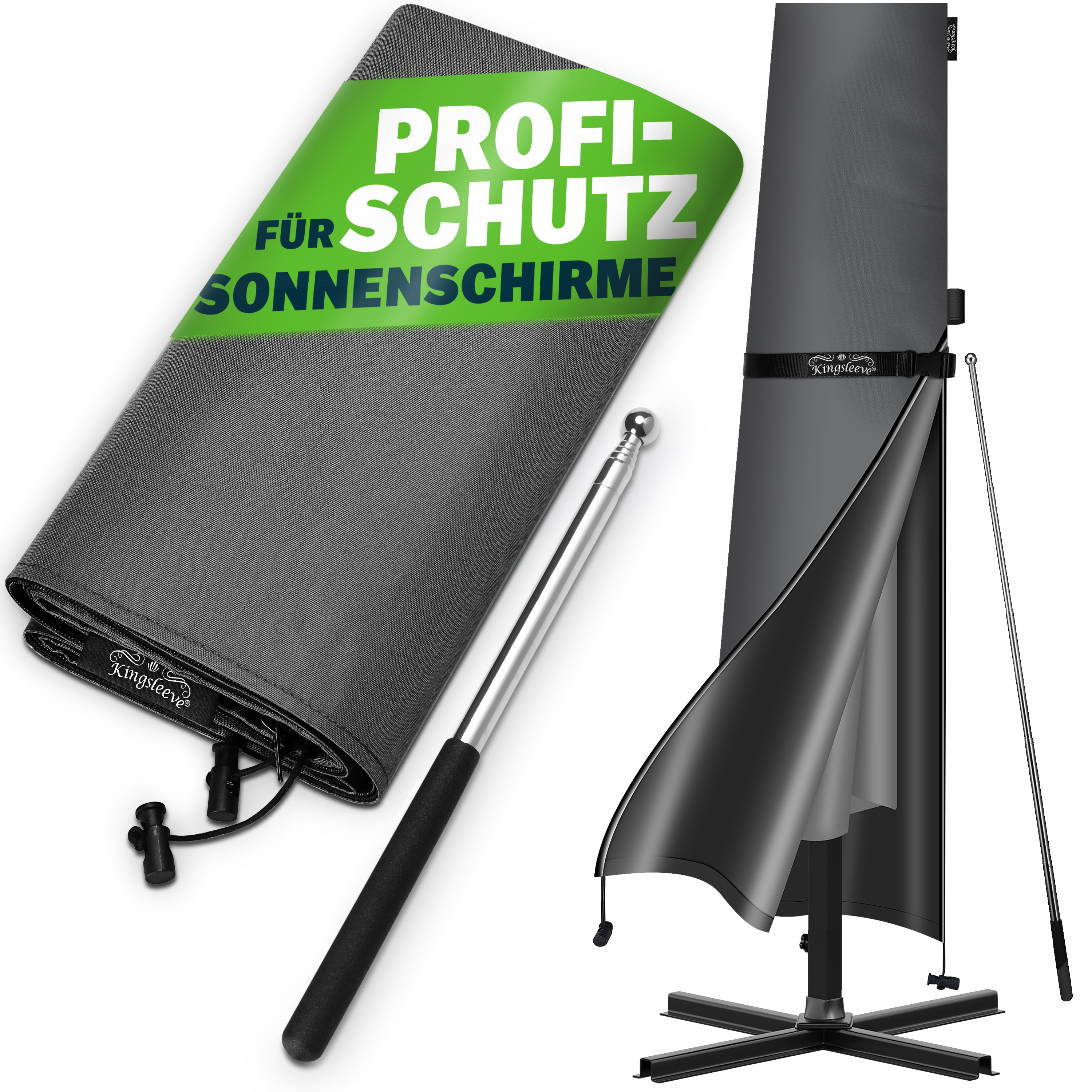 Image of ® Sun Umbrella Cover Up To Ø 350 Cm With Rod Winterproof Weatherproof Tearproof Large Water-repellent Protective Cover Gray