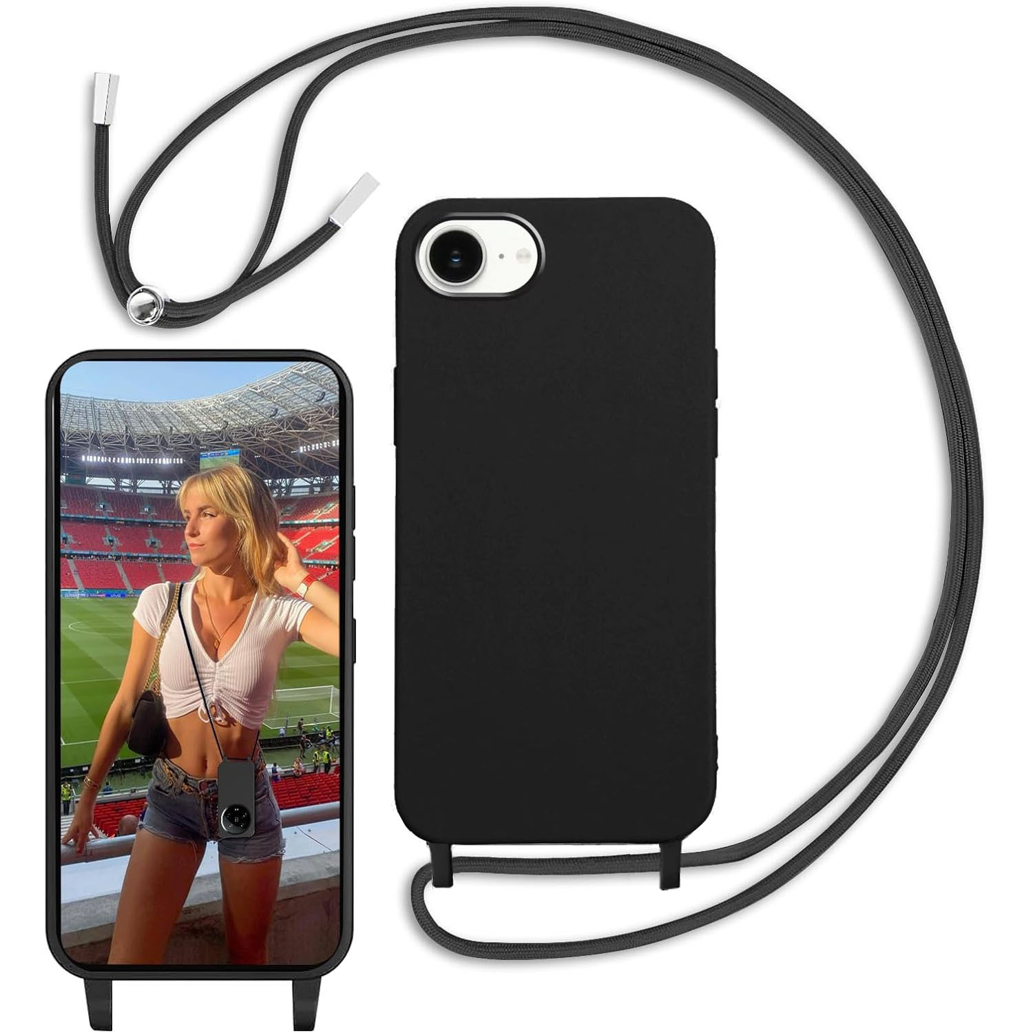 TEMU compatible con iPhone 16e con Cuerda Colgante, Collar con Cordon, Carcasa Antigolpes con Correa, Calidad, Color Negro
