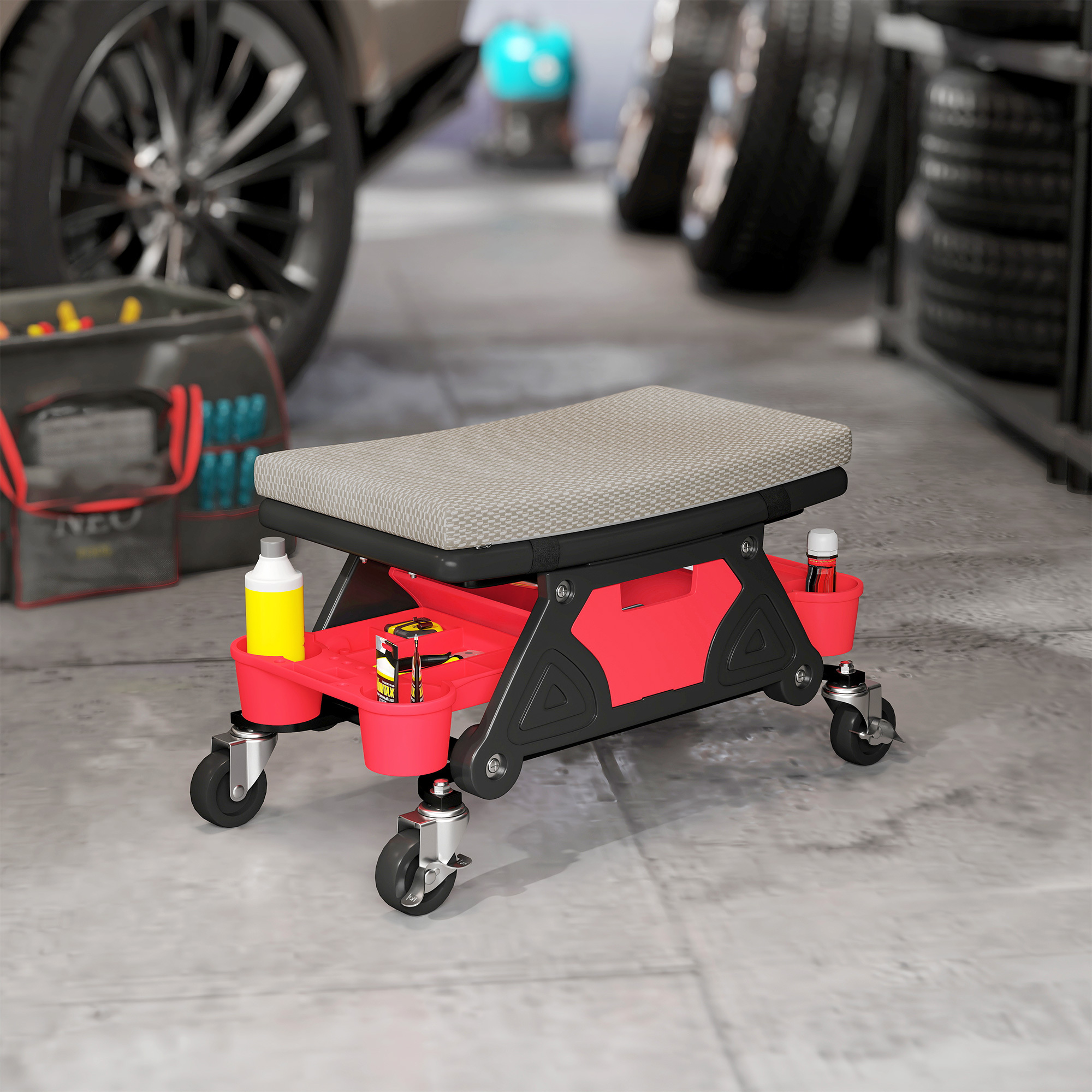 Workshop Stool With Rollers Storage Shelf Drawer 35cm High Rolling Stool Loadable Up To 135 Kg Work Stool Workshop Seat For Workshop Grey