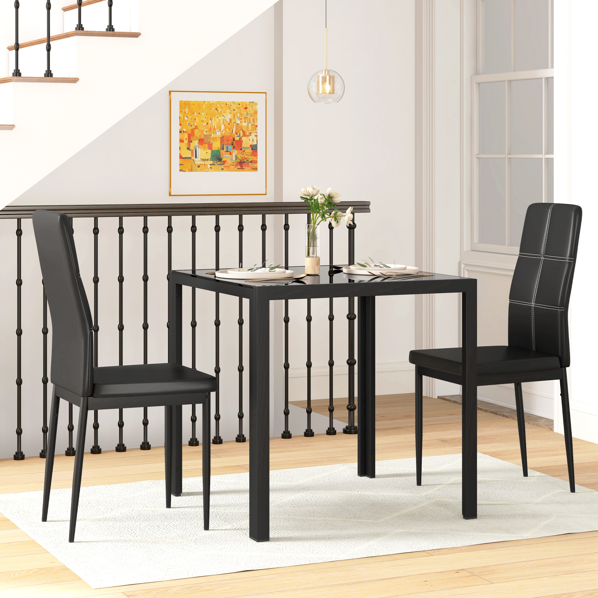 Dining Group Dining Table With 2 Chairs Space- Dining Set, Table Top Made Of Safety Glass, Artificial Leather Kitchen Table Set For Dining Room, Kitchen Black