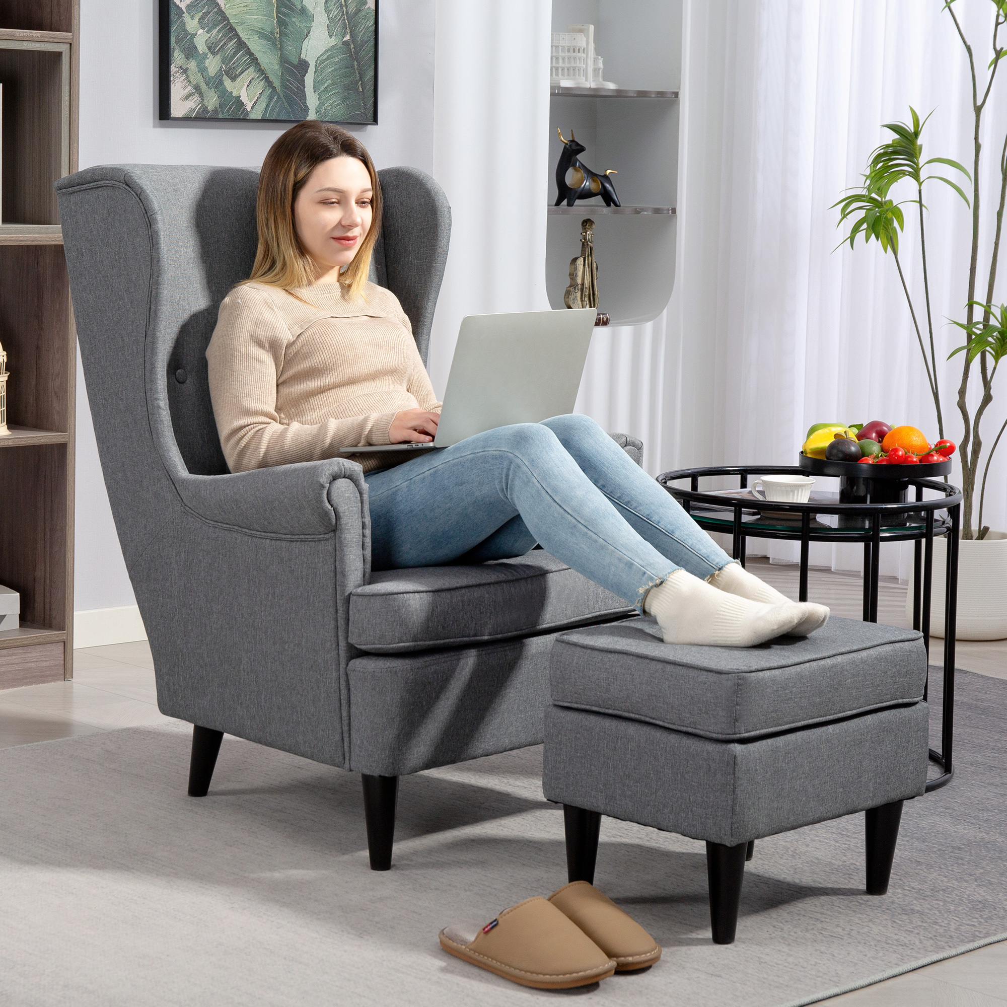 Ear Chair With Stool, Linen-look Accent Chair, Modern Lounge Chair With Armrest For Living Room In Gray