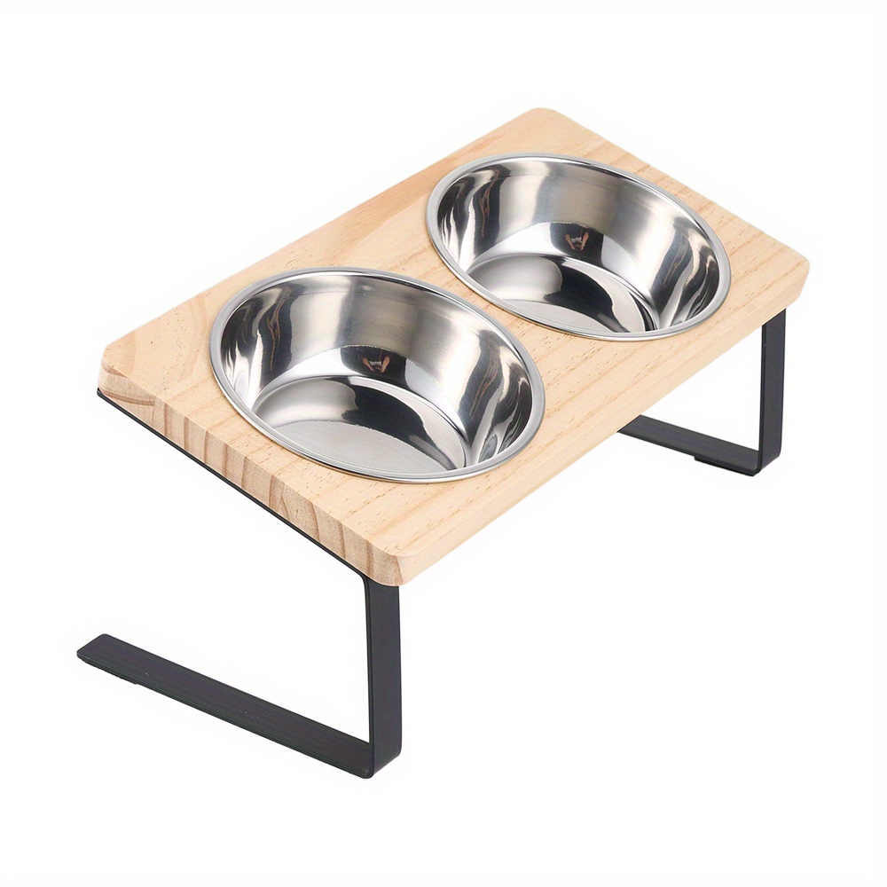 TEMU Elevated Cat Food Bowls, 15° Tilted Raised Stainless Steel Cat Feeding Dishes With Wooden Stand Elevated Feeder For Indoor Cats, 34*15.7*12.4cm