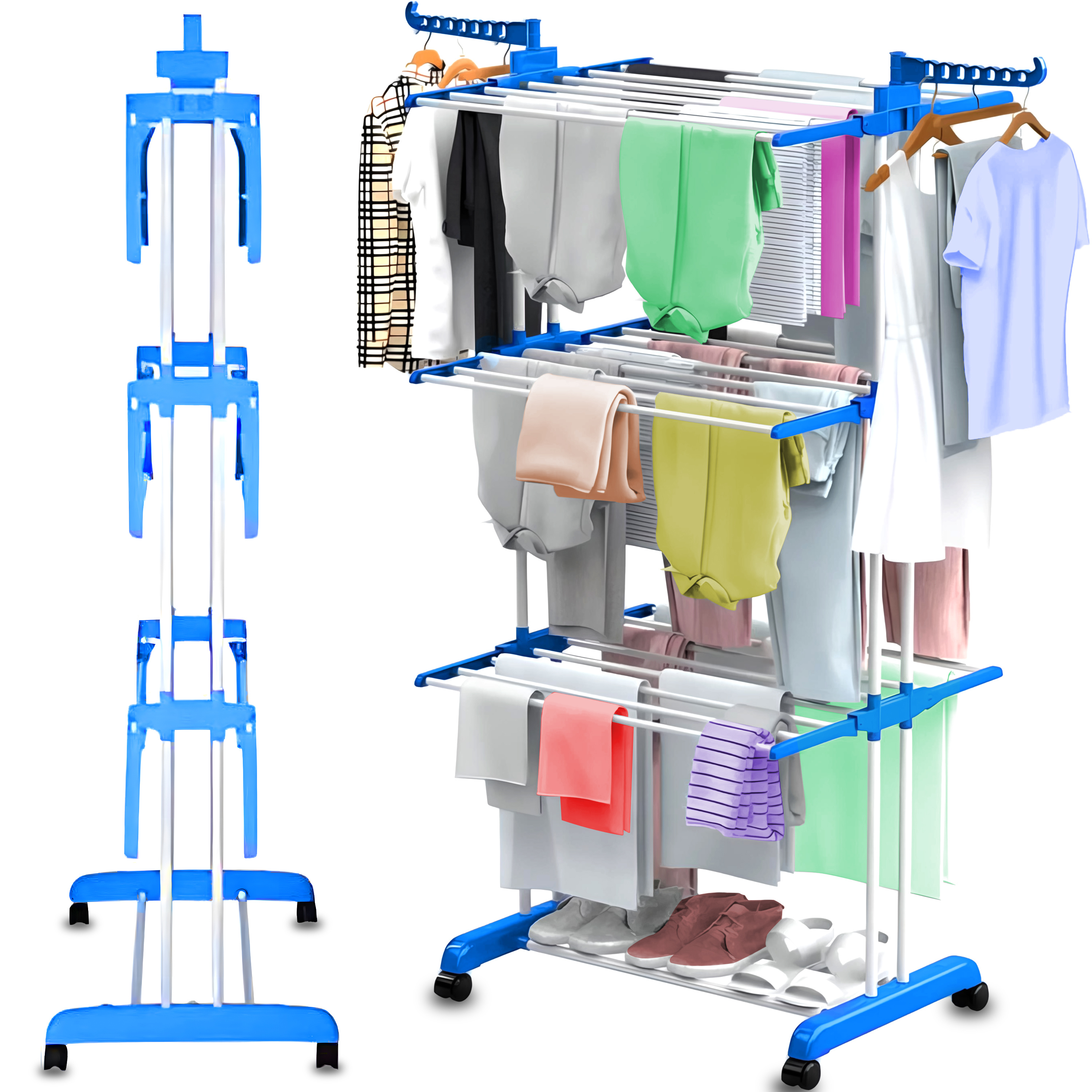 TEMU Séchoir à linge Retoo , XXL, Pliable, Grand et , avec 6 bras pour cintres, Tuyaux en fer et plastique, Couleur bleu et blanc, Charge maximale 40