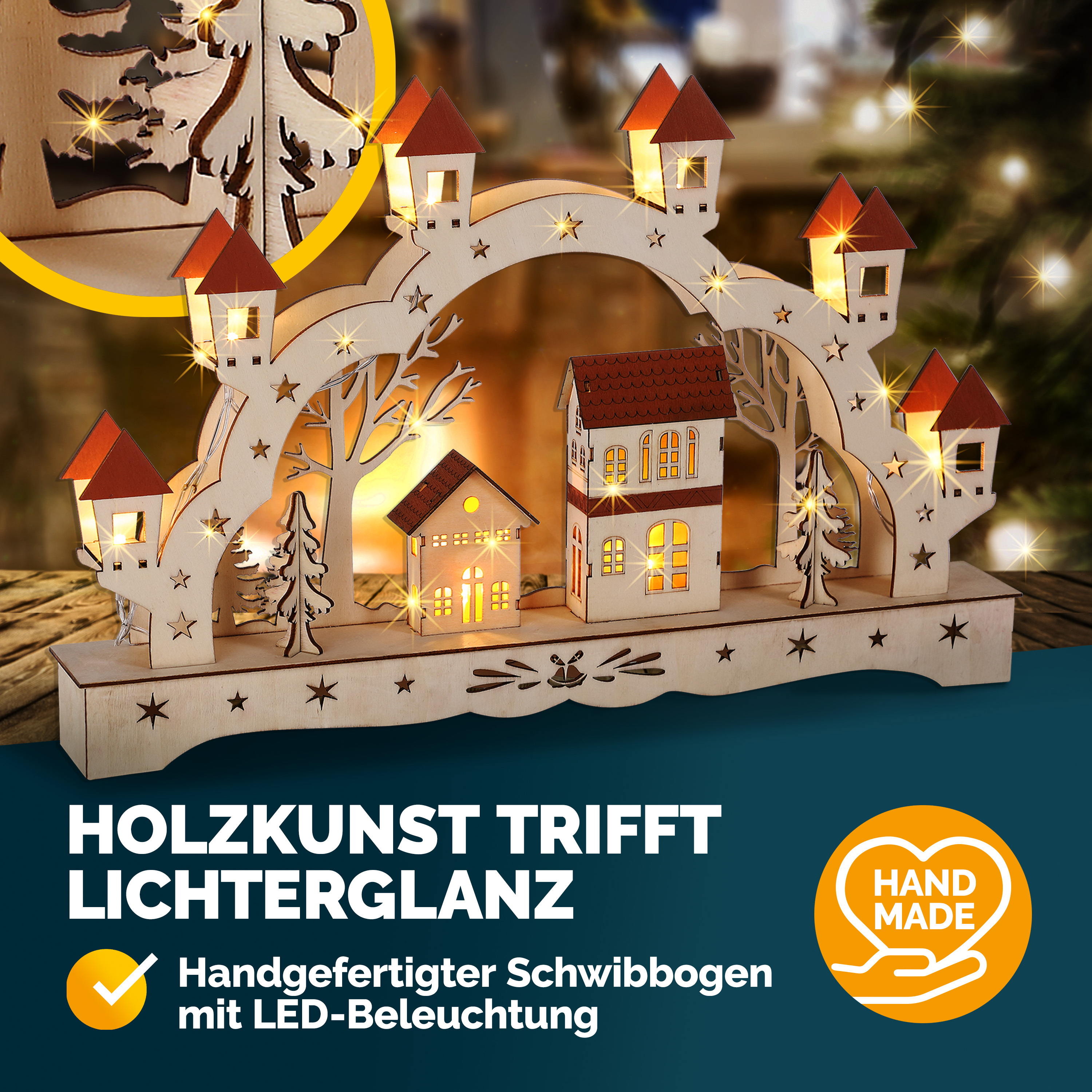 LED-beleuchtetes Weihnachtshaus Aus Holz, 32 Cm Hoch, Mit 10 LEDs, Batteriebetrieben, 3D-Effekt