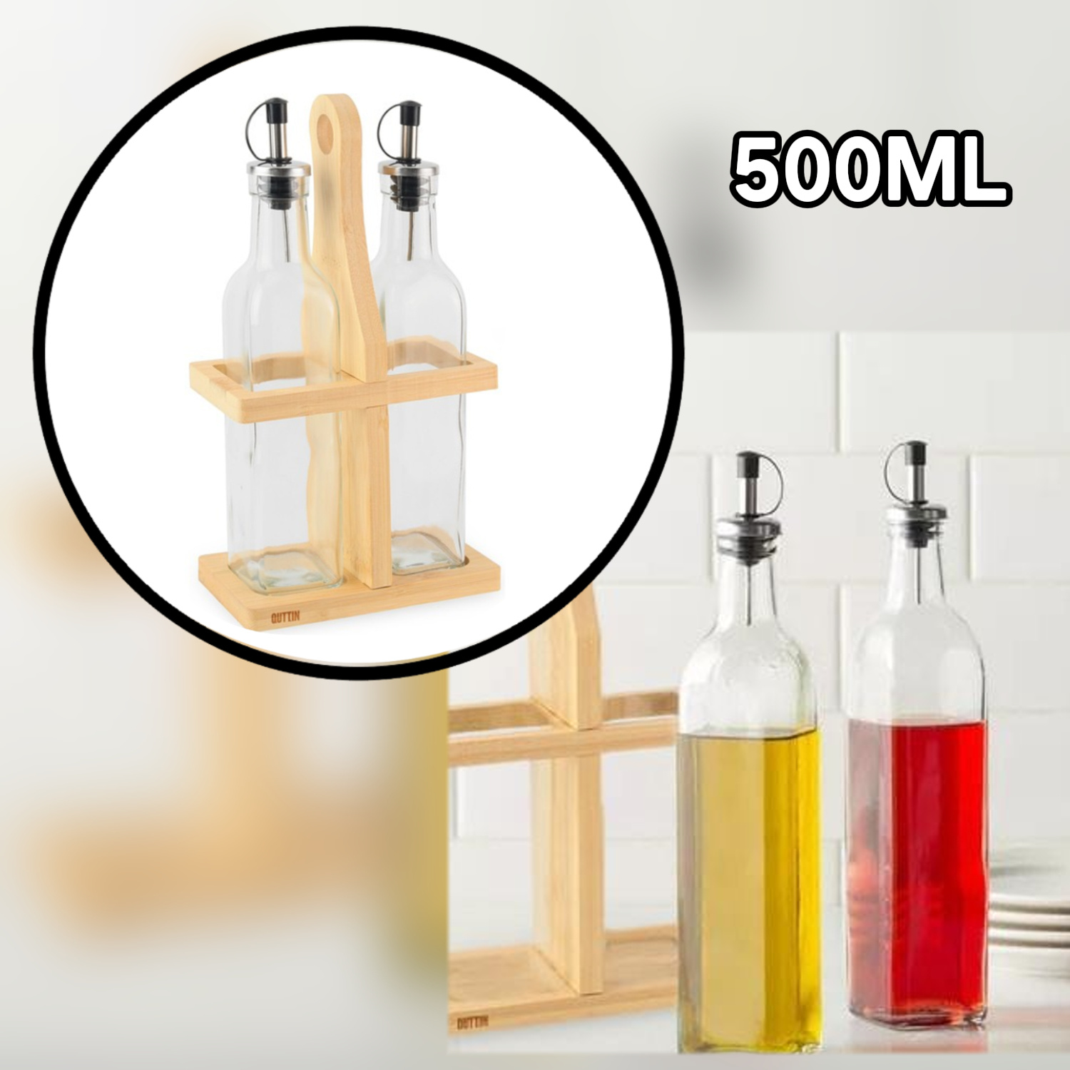 TEMU Juego de 2 piezas de botellas de vidrio para aceite y con soporte de bambú, juego de botella de y aceite, botella de aceite de cocina,