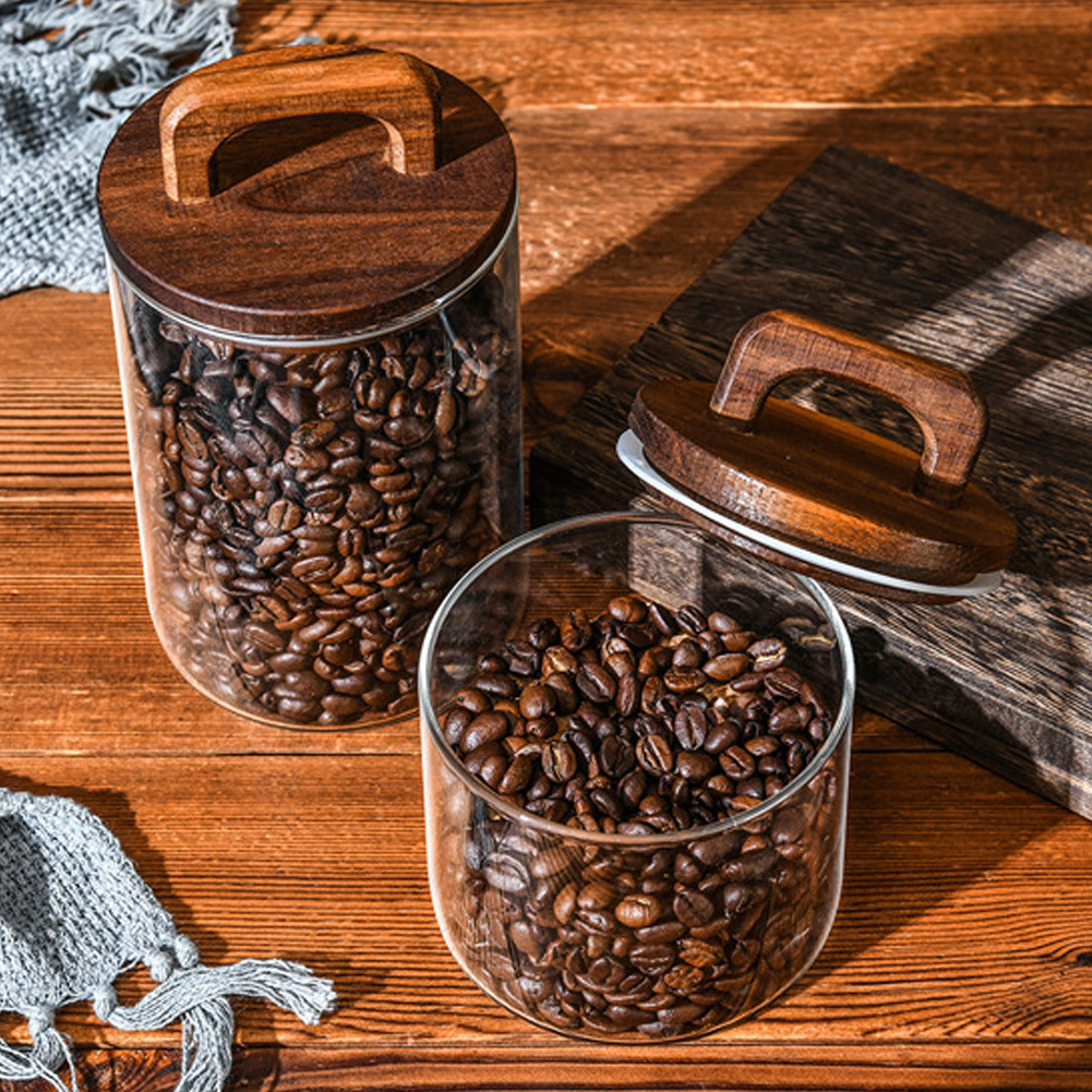TEMU 700ml/ 800ml Glass Jar Sealed Tea Jar Large Capacity Sugar Coffee Striped Storage Jar, Kitchen Storage Jar With Wood Lid And Handle, 10*12cm