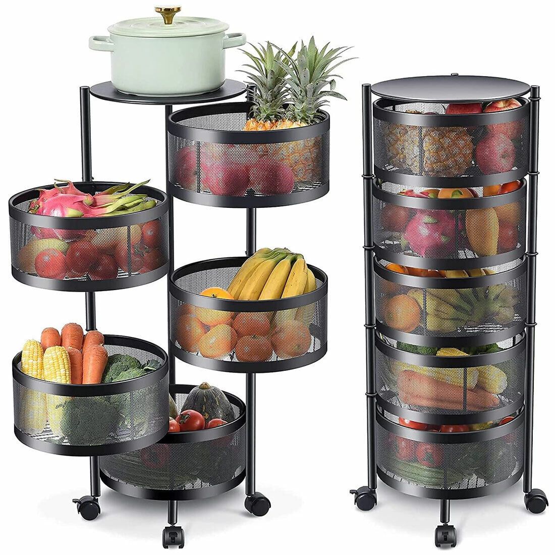 TEMU BAKAJI Carrito de Cocina de Metal con 5 Estantes de Cestas Abatibles y 4 Ruedas Giratorias de , Mueble de Cocina Ahorrador de , Diseño Moderno,