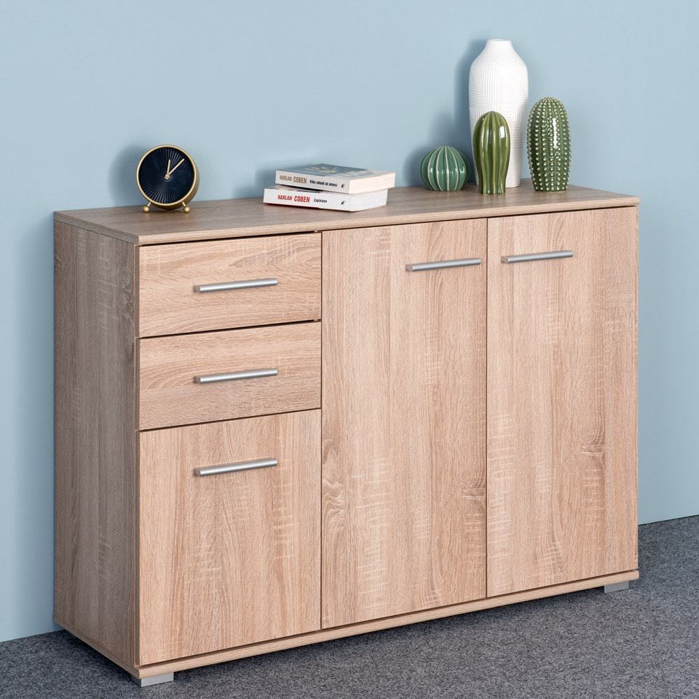 Casaria® Dresser With 3 Doors, 2 Drawers, 107x75x35cm, Wood, Modern Mirrored Design, For Bedroom, Office, Hallway, Multipurpose Cabinet, File Cabinet, Oak