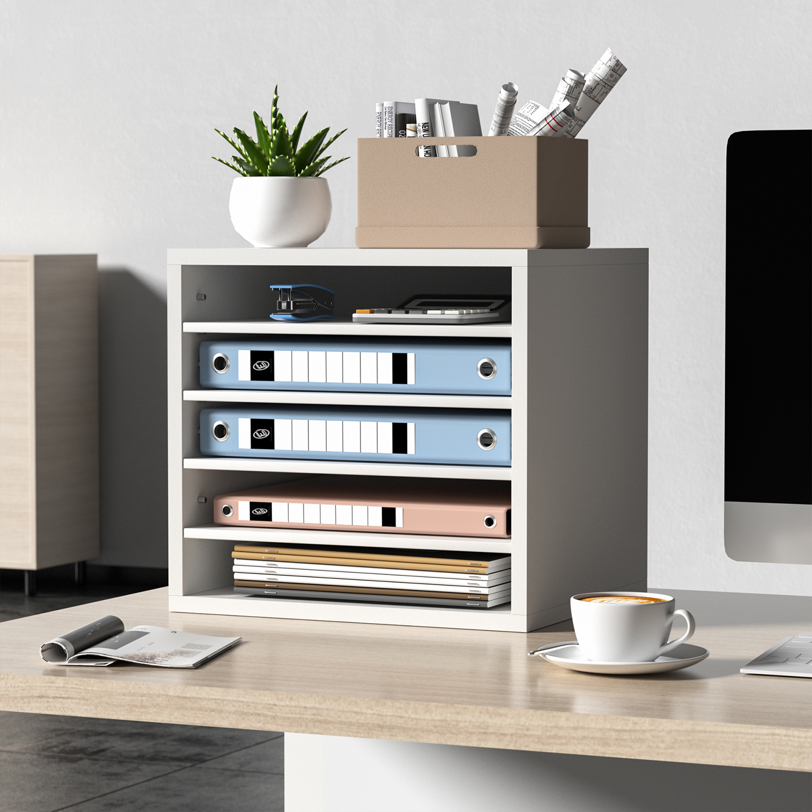 Image of Vevor 355 X 305 X 330 Mm Letter Tray Desk Organiser, 2.3-5.6 Cm Adjustable A4 Stackable Landscape Paper Tray, Storage Desk Storage System Organisation, Tray (white, 5 Compartments)