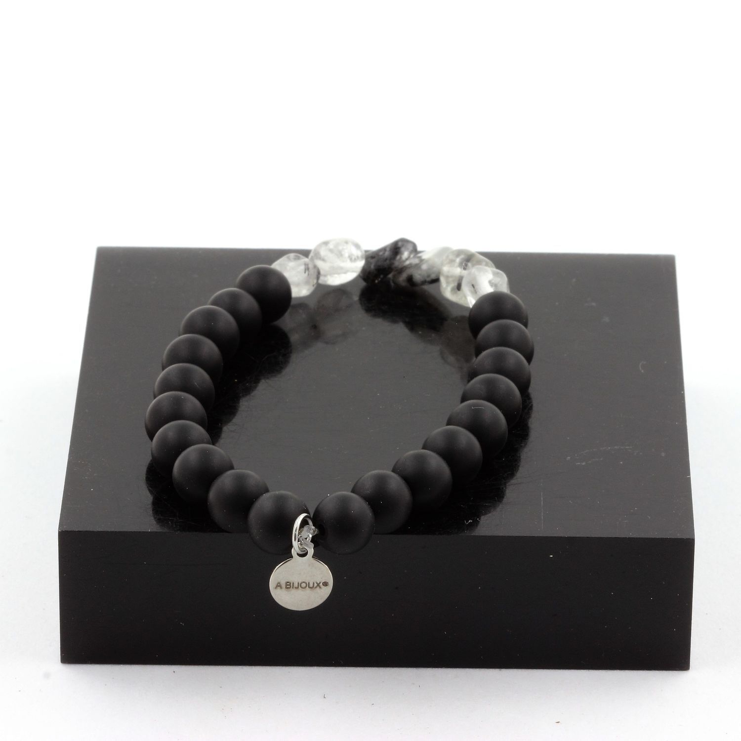 Natural Quartz Bracelet With Tourmaline + Matte Black Onyx Natural Beads 8mm