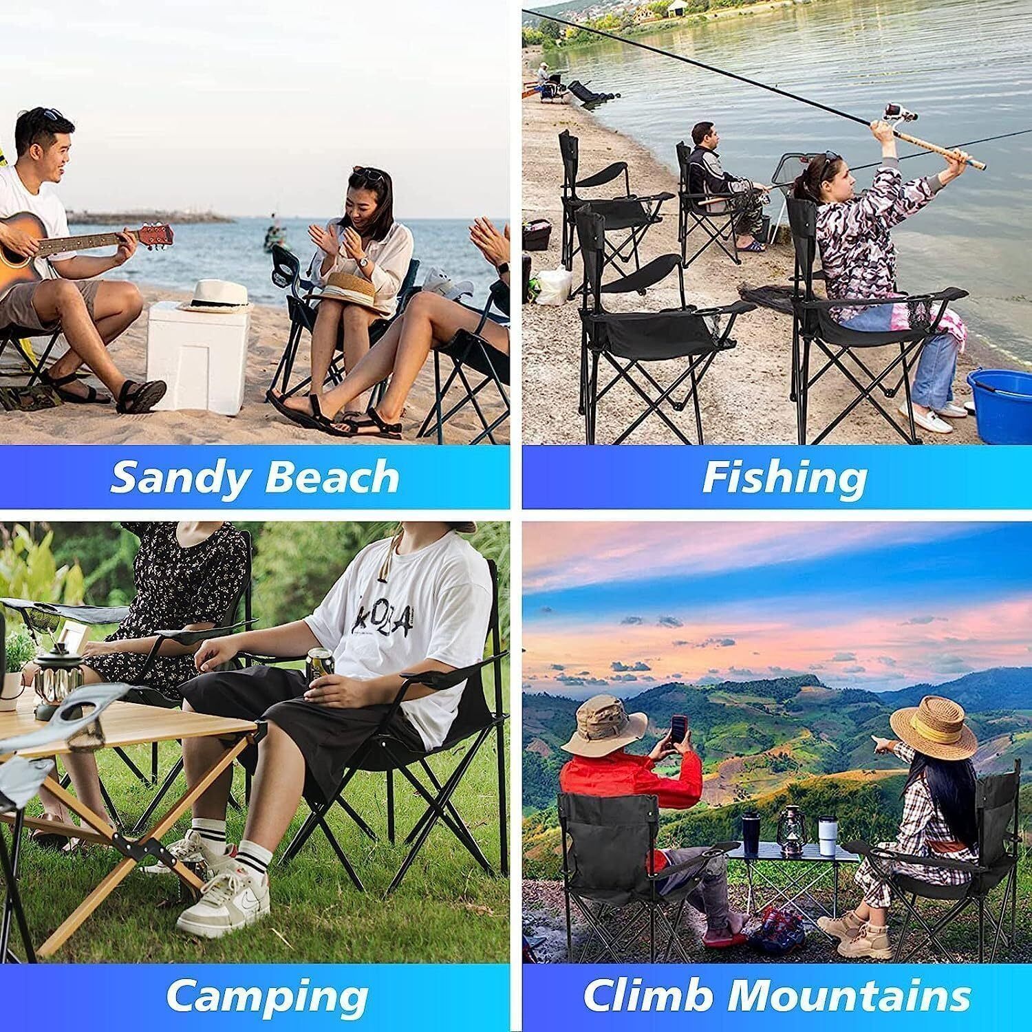2 X Folding Camping Chair Outdoor Portable Garden Folding Camp Chair with Cup Holder, Comfortable Beach Chair for Camping, Fishing, Parties, Barbecue