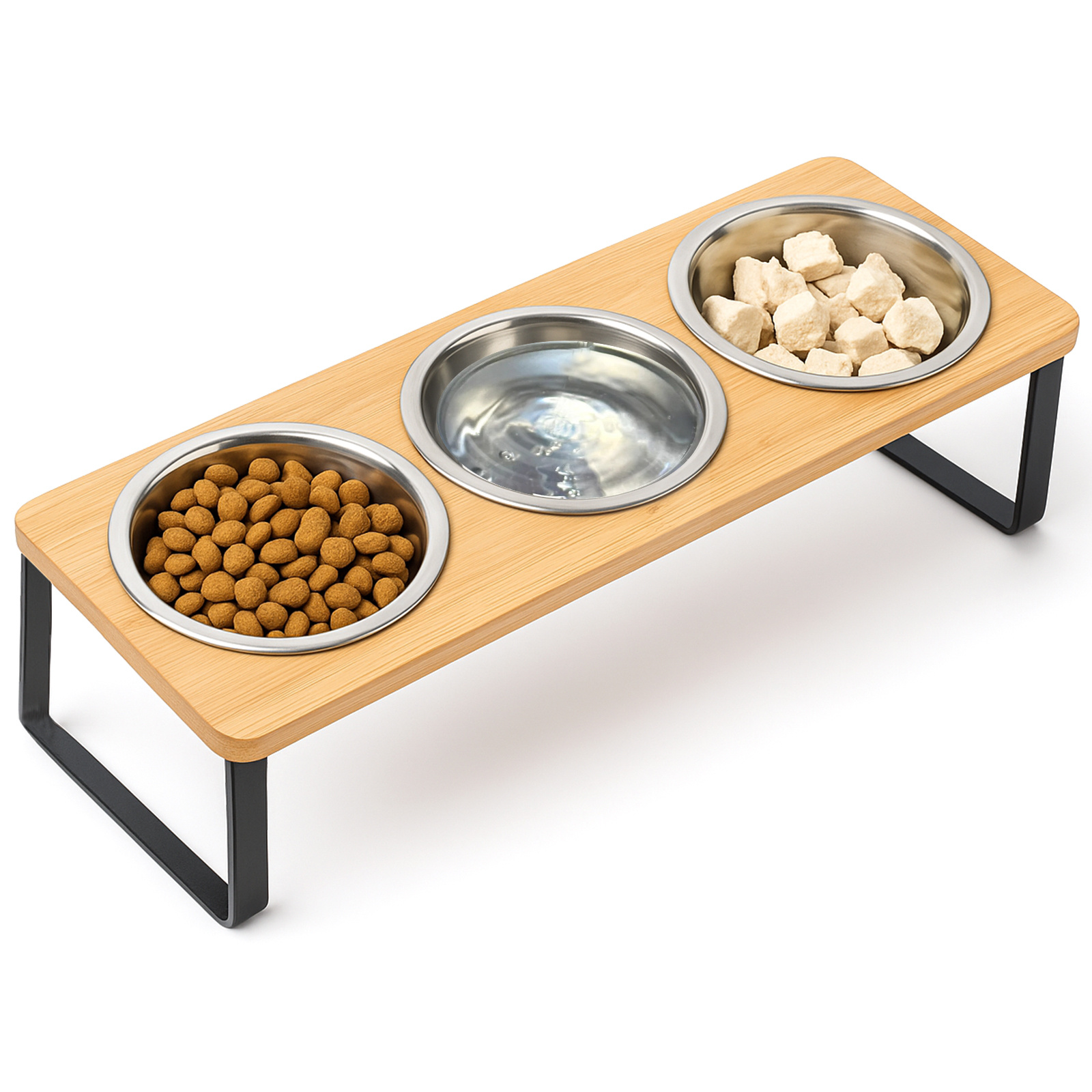 TEMU Adjustable Raised Cat Bowl 15° Tilted Pet Feeding Station With Bamboo Stand, 3 Food Water Bowls For Cats And Small Dogs Durable Wooden Dining