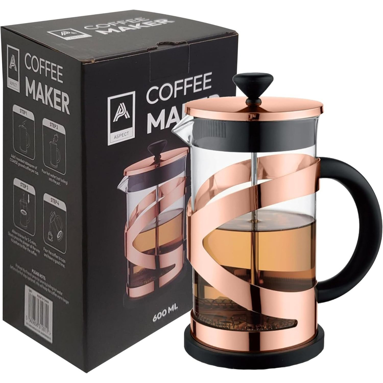 TEMU Coffee Maker French Press 600ml Reusable & Washable Coffee Press, Stainless Steel Maker, Non-slip Silicone Base French Press, Coffee Press With