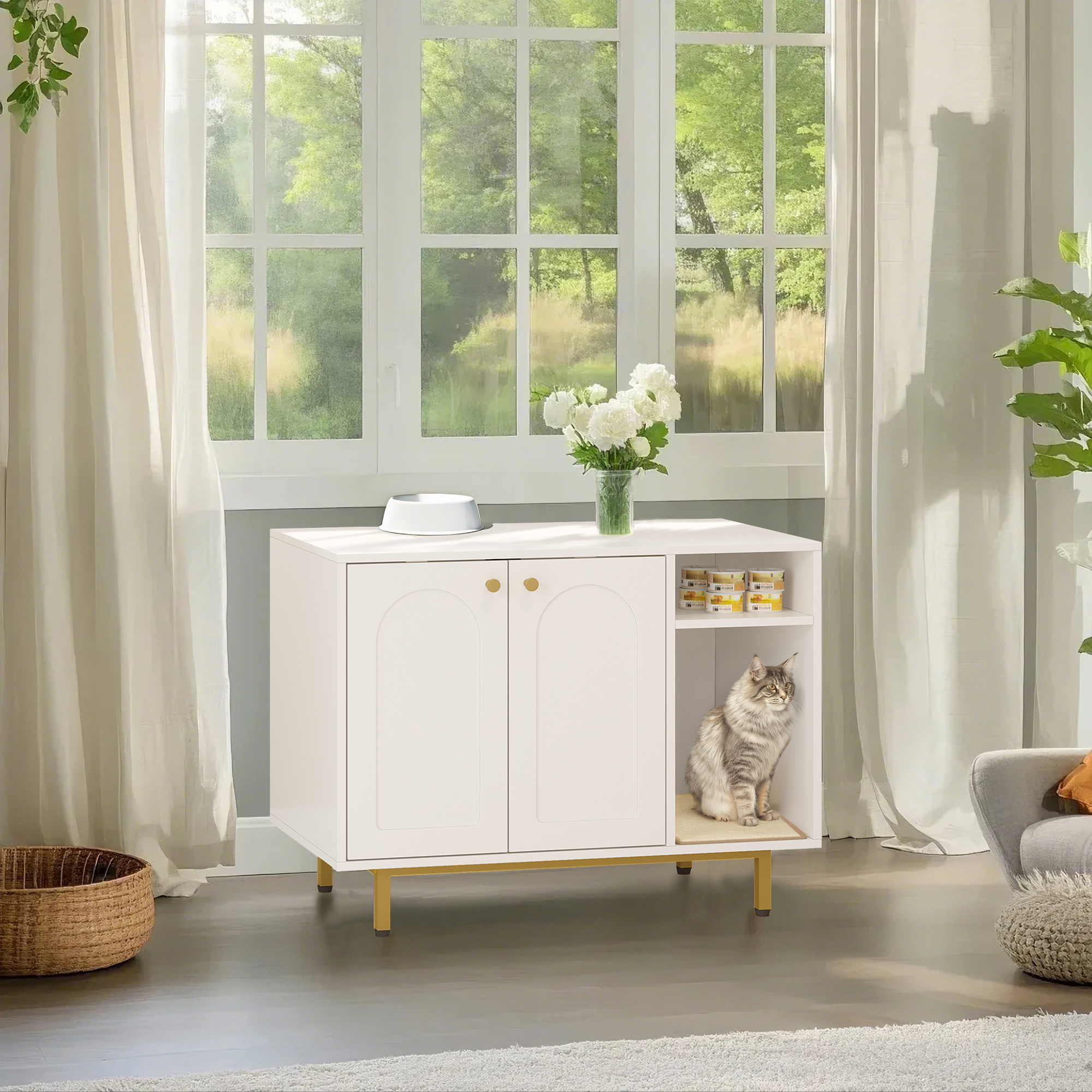 Cat Closet, Cat Toilet, Cat Litter Box Cabinet, Cat House With Door And Separate Partition, 80 X 50 X 61 Cm, Stable Cat Cabinet, Bench, White And Golden