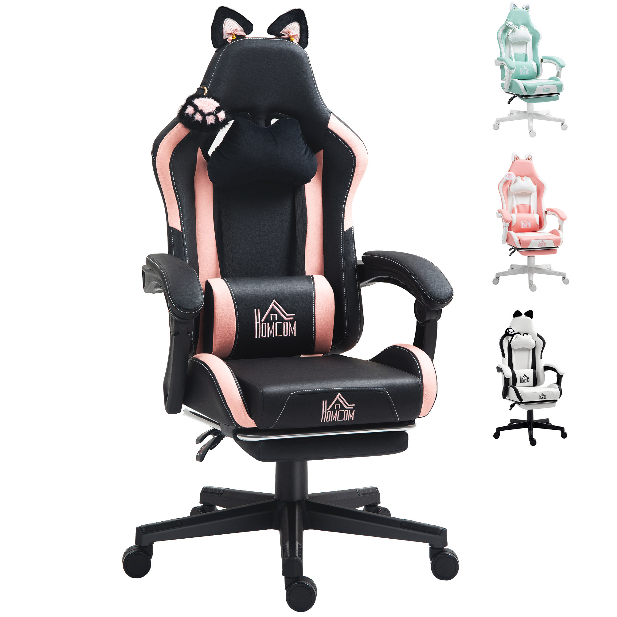 Image of Gaming Chair With Ears Reclining Gamer Chair With Adjustable Height Retractable Footrest Lumbar Support And Detachable Headrest Office Study Chair