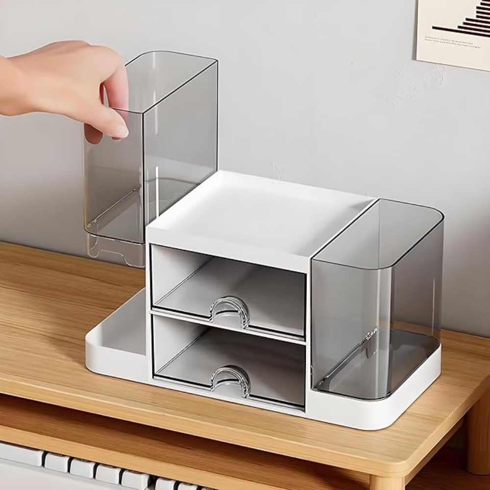 TEMU 1pc 2-drawer Transparent Storage Box With Side Pen Holders - Large Capacity Desktop Organizer For Makeup, Stationery & Office Supplies |