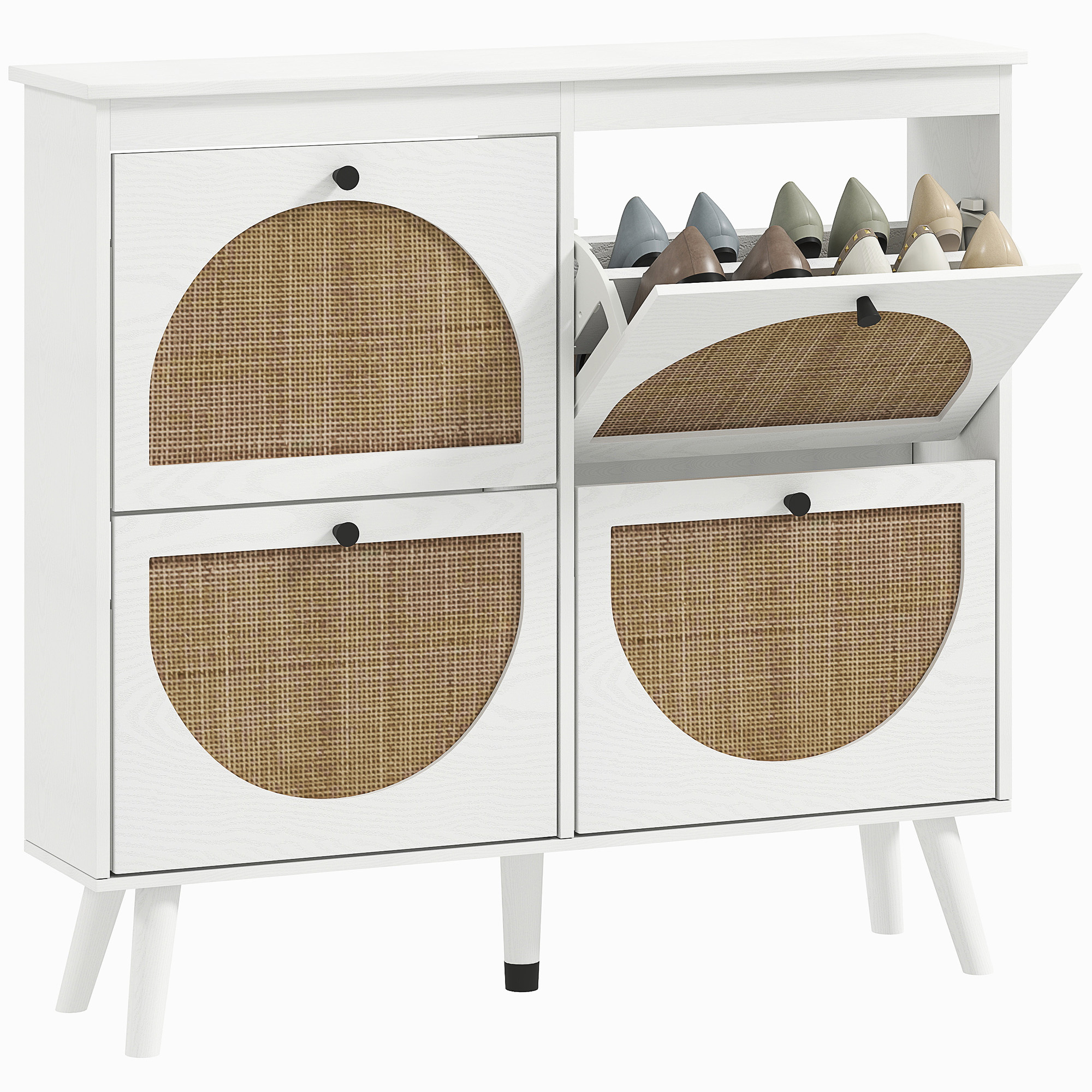 TEMU HOMCOM Meuble à chaussures armoire à chaussures 4 abattants 20 paires avec étagère réglable style bohème pieds en bois 105 x 24 x 97,5 cm blanc