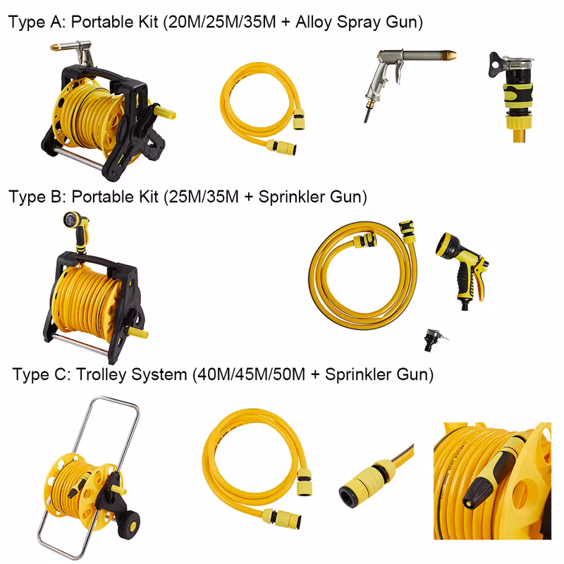 complete watering kit garden hose reel trolley portable with 20 50m hose pipe sprinkler gun connector heavy duty watering system for outdoor lawn car wash yellow details 0