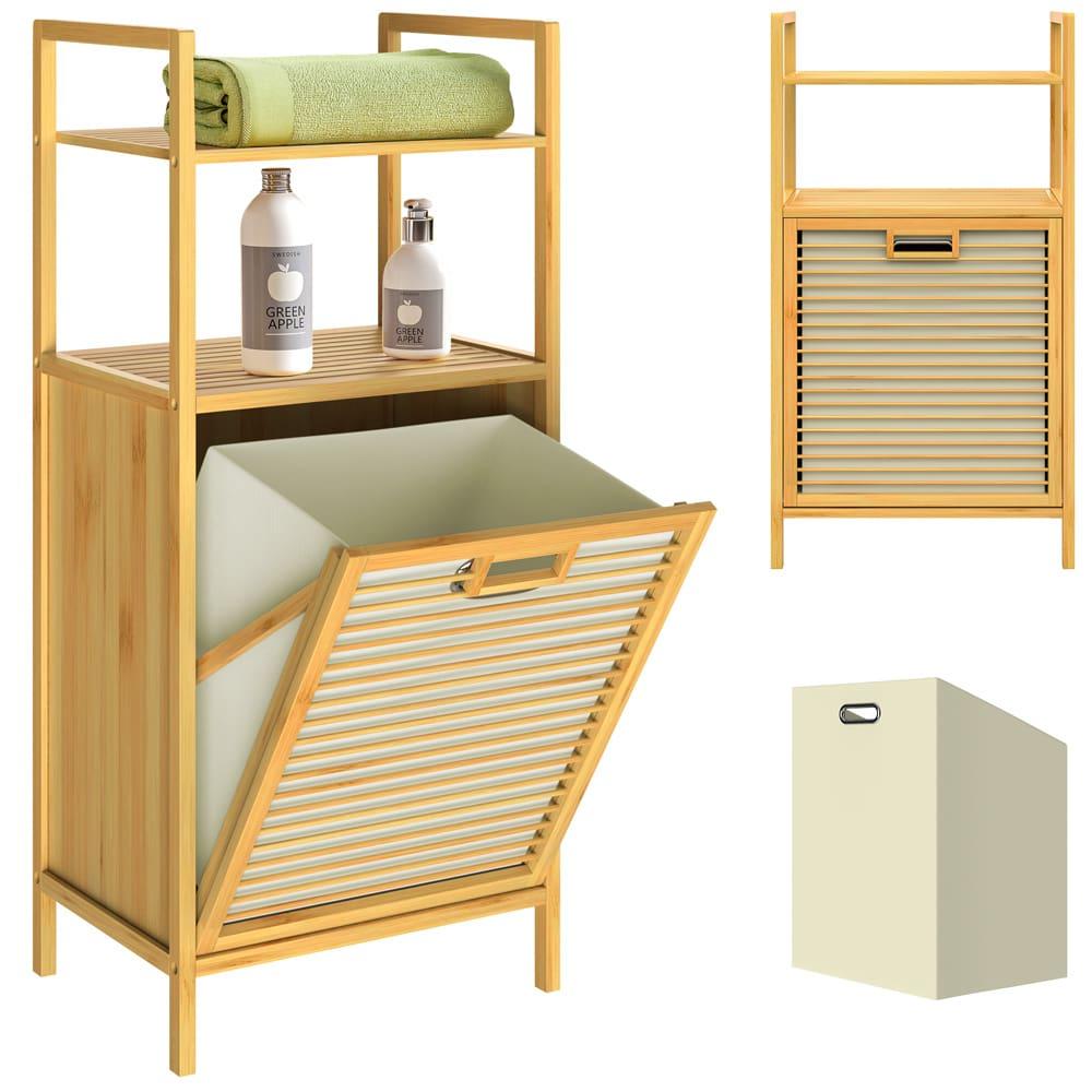 TEMU CASARIA簧 Set Mensole per Bagno in Bamb羅 con Cesto per Biancheria Integrato, 40x30x95cm