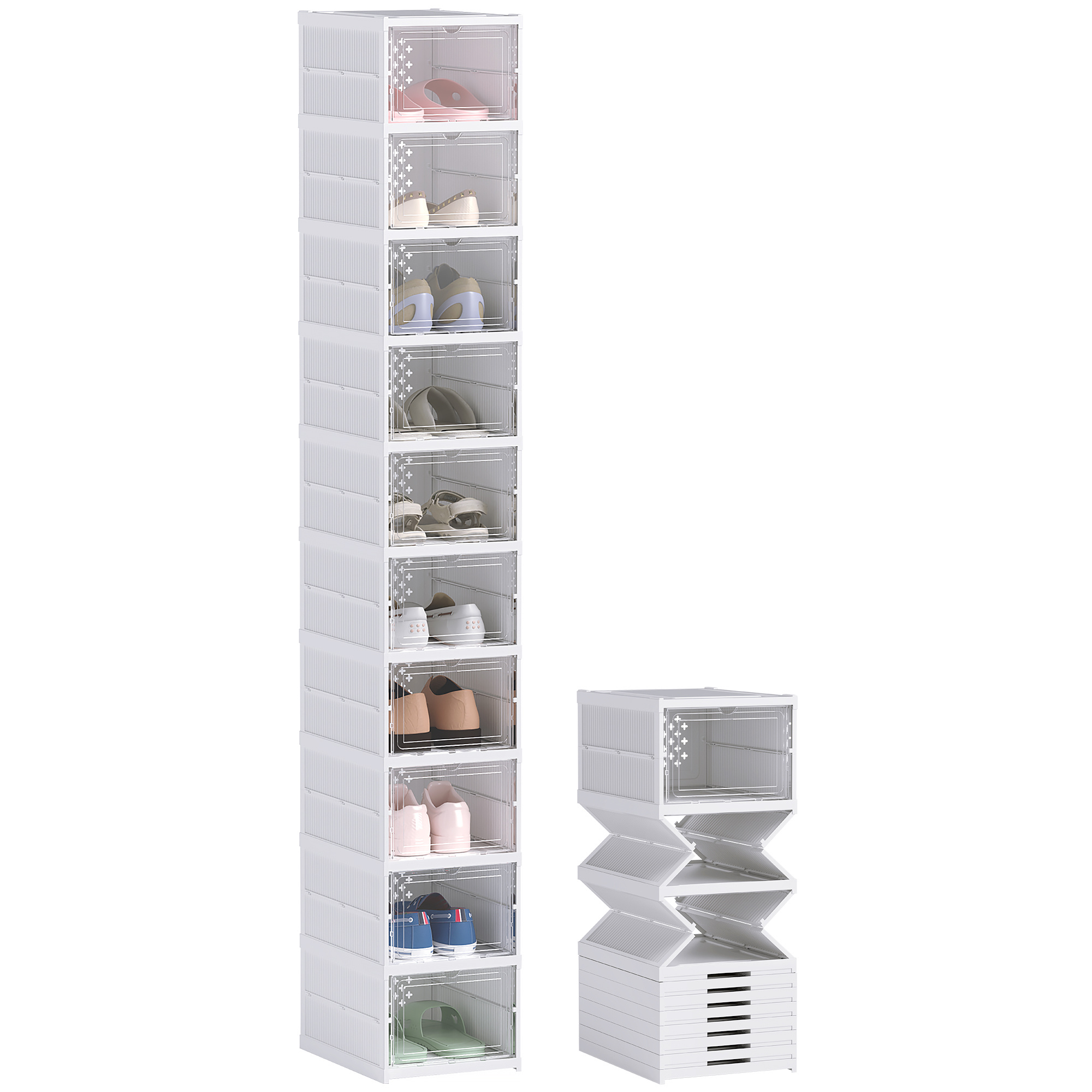Homcom Set Of 10 Foldable Shoe Boxes, Stackable Plastic Shoe Storage Boxes With Lids, For Shoes Up To Size 43, White, 26x35x174cm