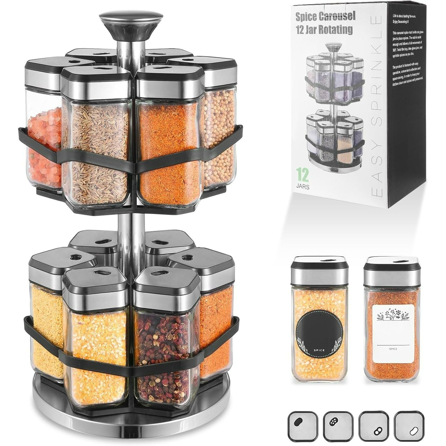 TEMU Spice Rack With 12 Square Spice Cans, Rotating Spice Rack, Vertical Stainless Steel Spice Rack, No Drilling Required, Spice Rack Spice Organizer