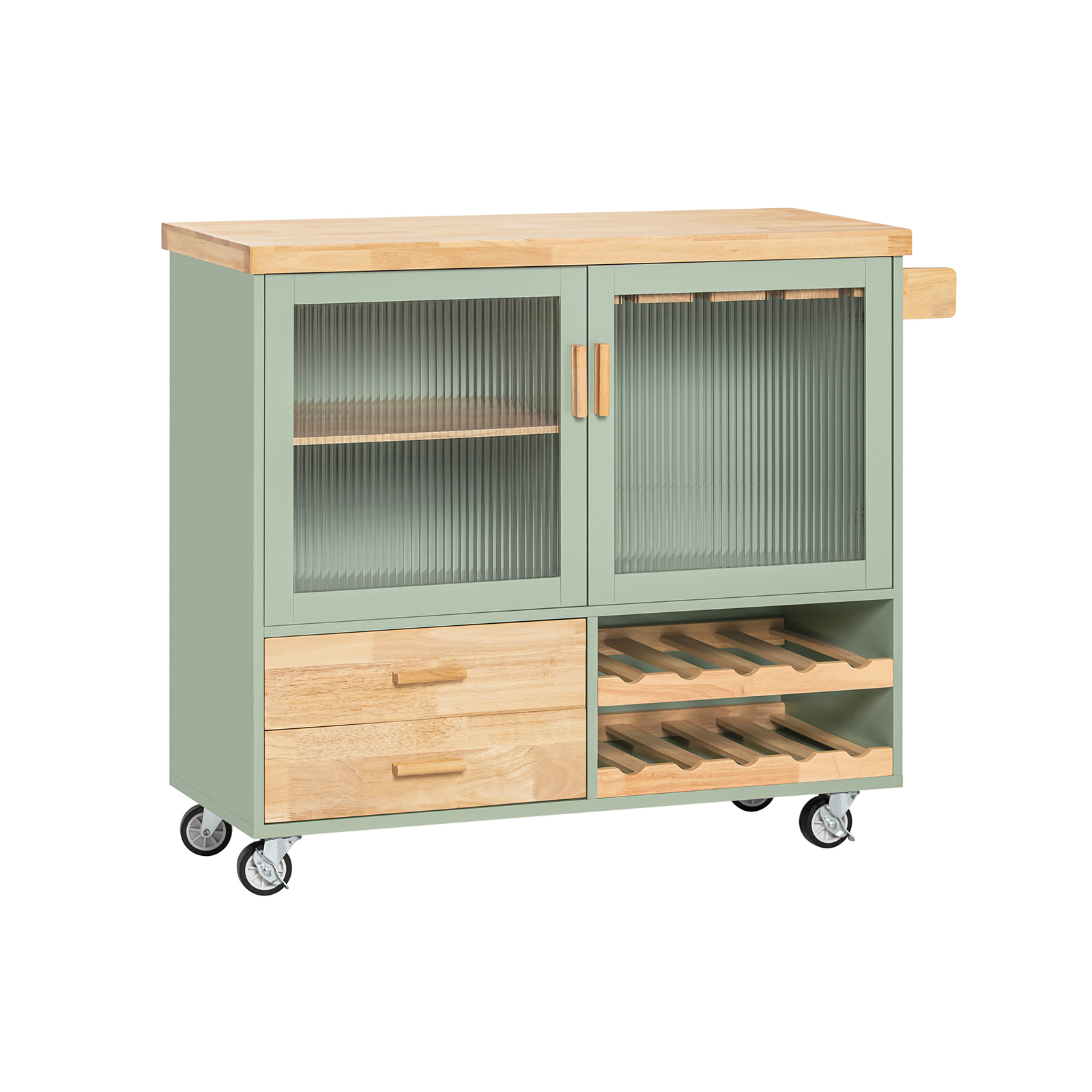 Image of 1 Mobile Kitchen Island On Wheels With 2 Glass Doors, Kitchen Cart With Worktop, Wheeled Storage Furniture For , White And Natural, L 109 - Glx225-xo