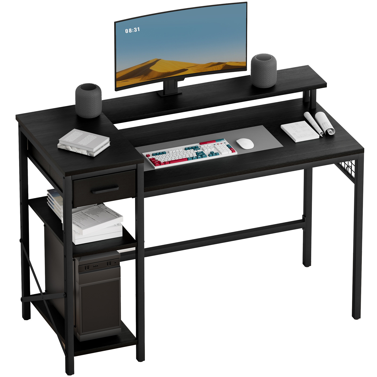 Image of Good Nite L Shape Desk, 120 Cm Computer Desk, Pc Table With Shelf, Office Table, Gaming Table, Adjustable Shelves, , For Office, Home Office, Living Room, Vintage