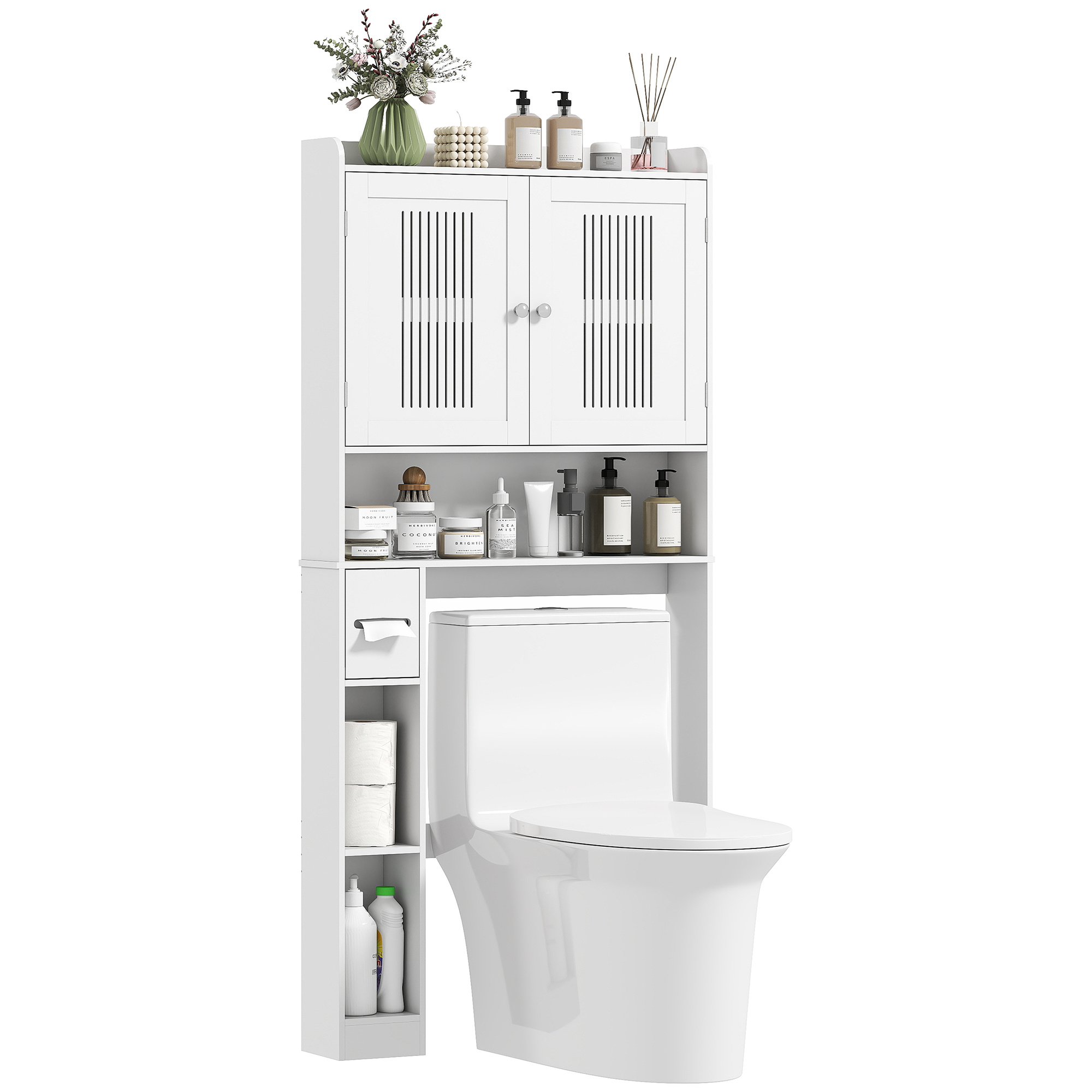 TEMU HOMCOM Estantería sobre Inodoro Mueble sobre Inodoro con Estante Ajustable Soporte para Papel Higiénico y Estantes Abiertos Ahorra Armario para