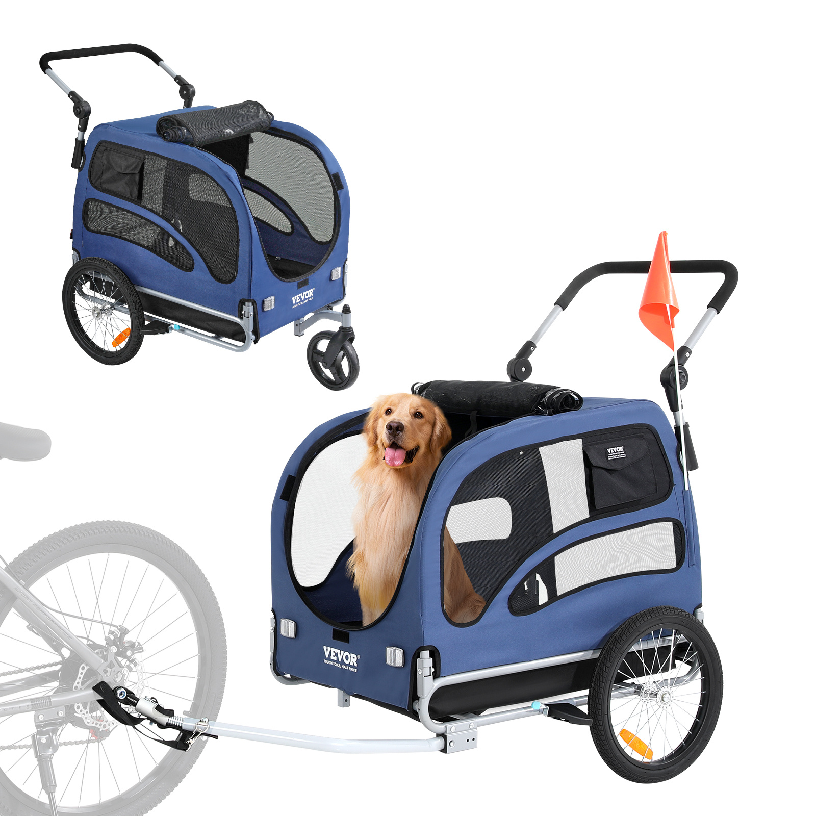 Vevor Dog Bike Trailer, Supports Up To 100 Lbs, 2-in-1 Pet Stroller Cart Bicycle Carrier, Easy Folding Cart Frame Release Wheels, Universal Bicycle Coupler, Reflectors, Flag, Blue/black