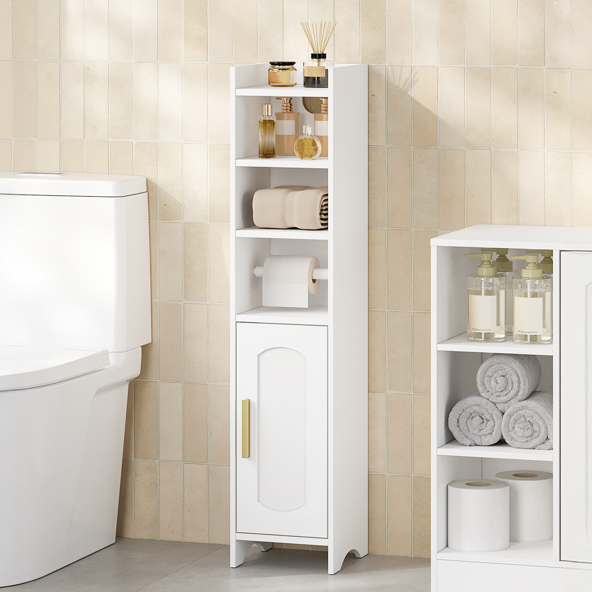 TEMU Mueble de baño, portarrollos de papel higiénico, armario de almacenamiento con puerta, armario de baño , armario de esquina con estantes