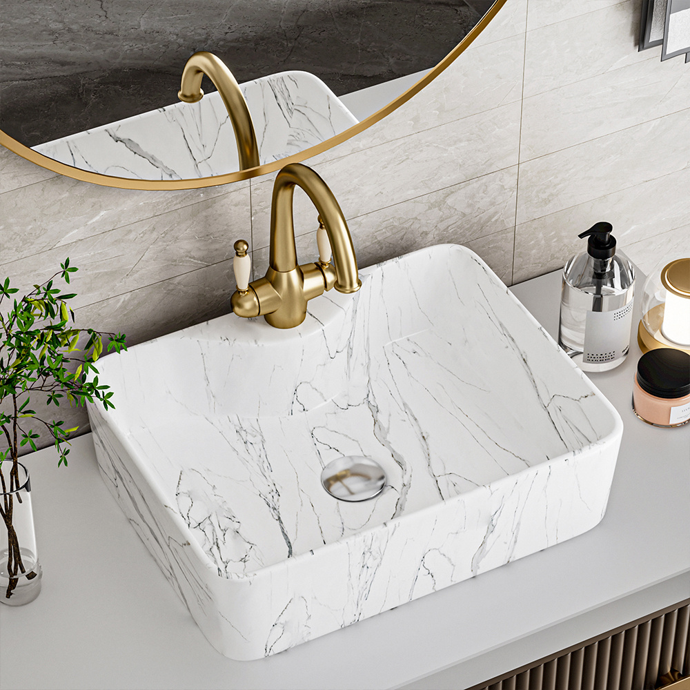 TEMU Ceramic Bathroom Sink Basin With Faucet Hole, Marble Effect Hand Wash Basin, Gloss White Countertop Basin Sink For Bathroom , Vanity Unit