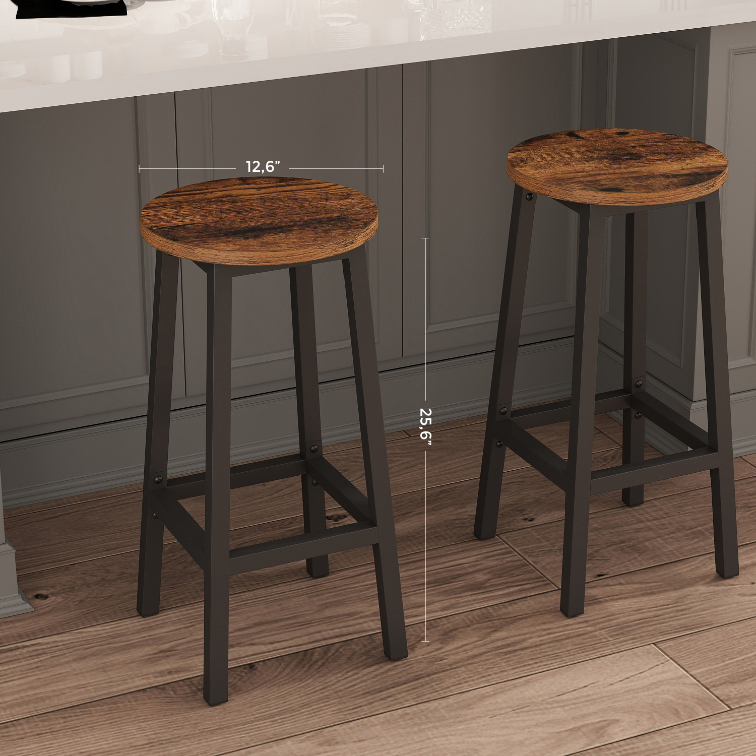 Bar Stools, 2pcs Set, Bar Chairs, Kitchen Chairs With Metal Frame, Easy Assembly, 65 Cm High, With Footrest, For Kitchen, Living Room, Dining Room
