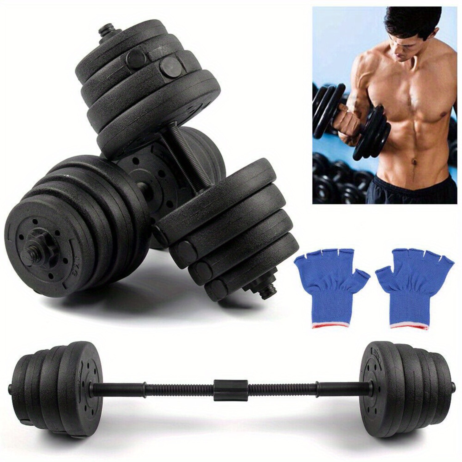 Image of 30 Kg Dumbbell Set, Adjustable Barbell, Hand Weightlifting Training For Home Gym, Strength Exercises, Bodybuilding (including Gloves)