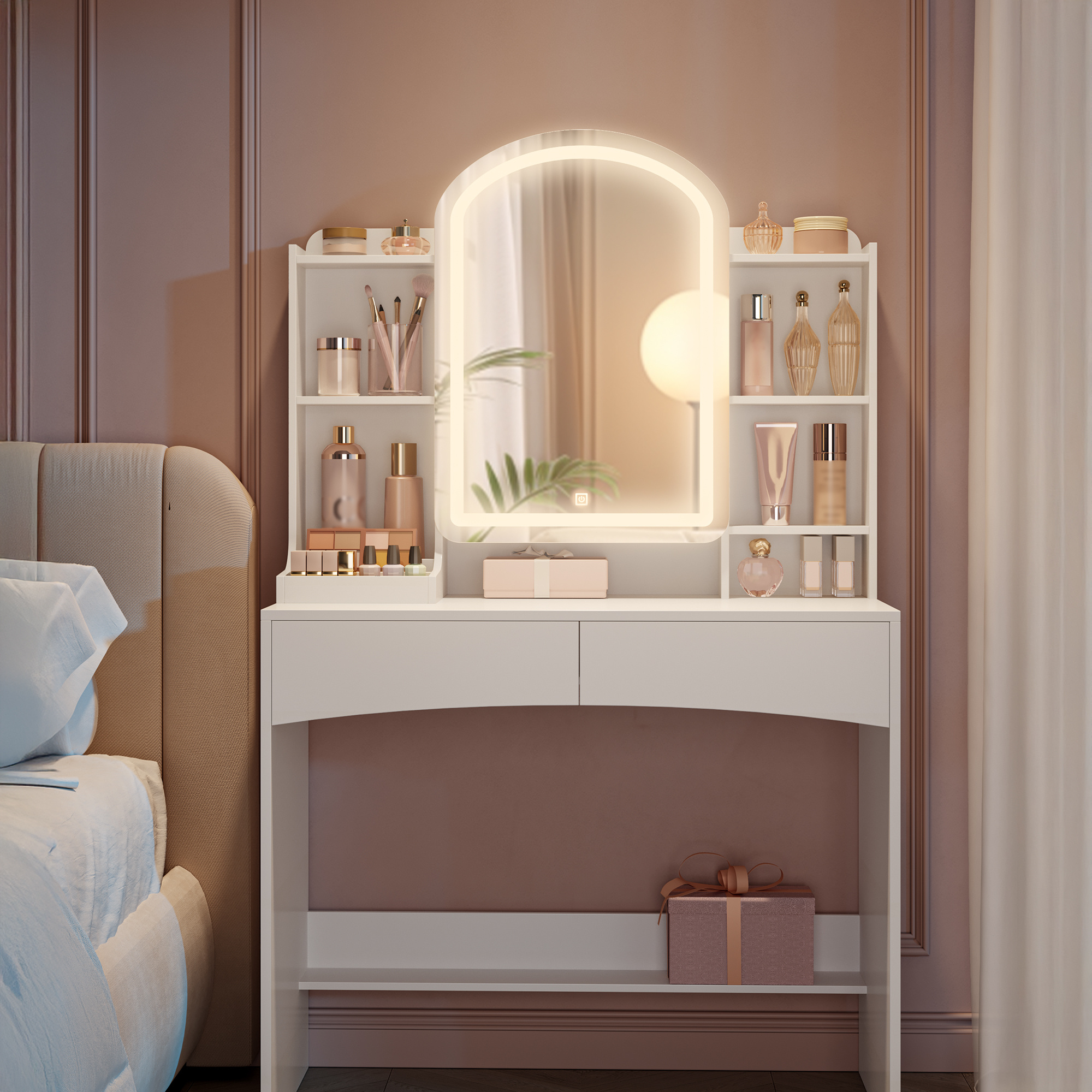 TEMU Coiffeuse avec Éclairage LED, de 90cm, Coiffeuse avec Rond , Rangement de Bijoux , 3 Couleurs, Blanc