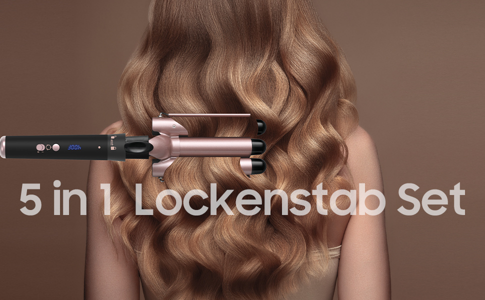 Professional 5-in-1 Curl & Wave Set for Home Use: Includes 3 Ceramic Barrels for Big Curls, Adjustable Temperature (180-210°C) & Convenient Wall Mount