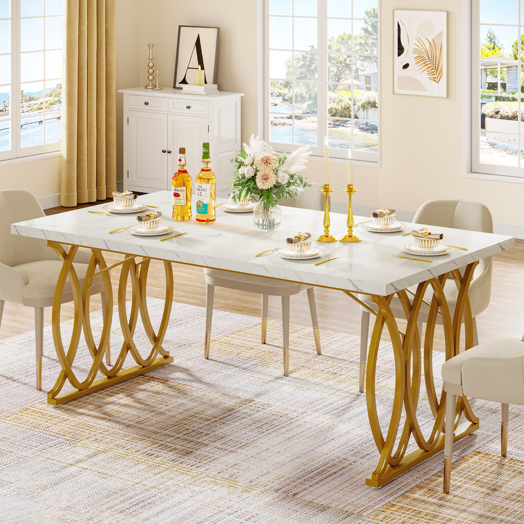 Modern Dining Table, 63" Large Kitchen Table For 4-6 People, Unique Rectangular Dinner Table Kitchen & Dining Room Furniture With Marble Tabletop And Geometric Legs