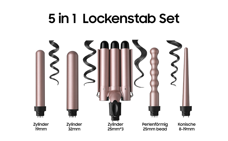 Professional 5-in-1 Curl & Wave Set for Home Use: Includes 3 Ceramic Barrels for Big Curls, Adjustable Temperature (180-210°C) & Convenient Wall Mount