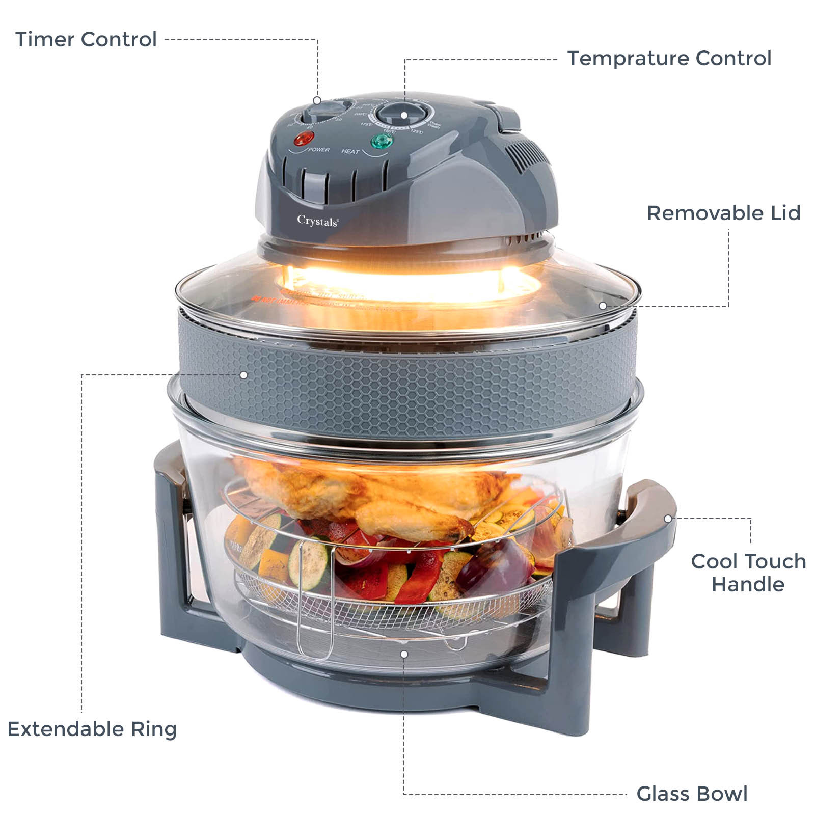 17L/1400W Air Fryer, Halogen Oven Fryer Oil-free Meals With Our Manual Air Fryer, Includes Accessories Pack, 60 Minute Timer & Extender Ring, For Baking, Roasting, Grilling Variety Of Dishes