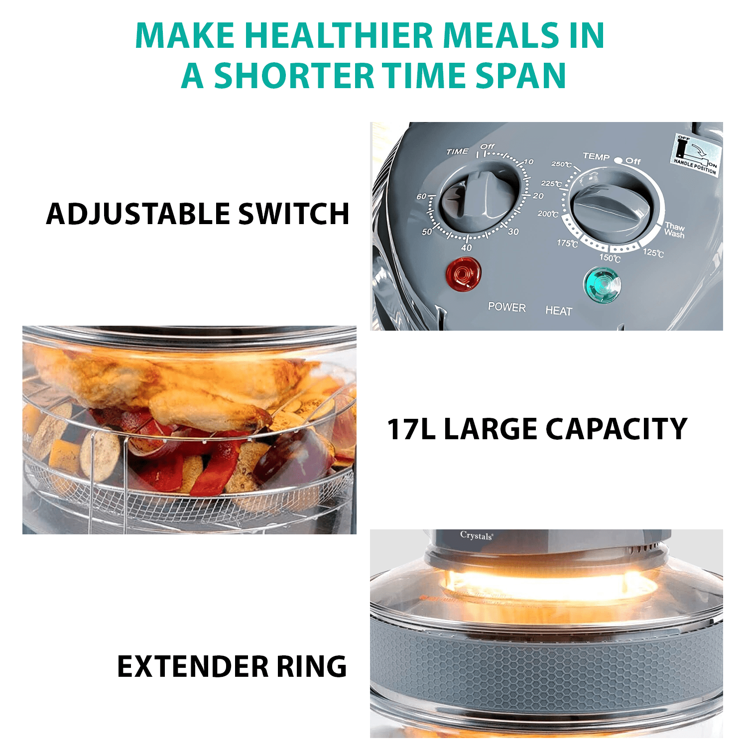 17L/1400W Air Fryer, Halogen Oven Fryer Oil-free Meals With Our Manual Air Fryer, Includes Accessories Pack, 60 Minute Timer & Extender Ring, For Baking, Roasting, Grilling Variety Of Dishes